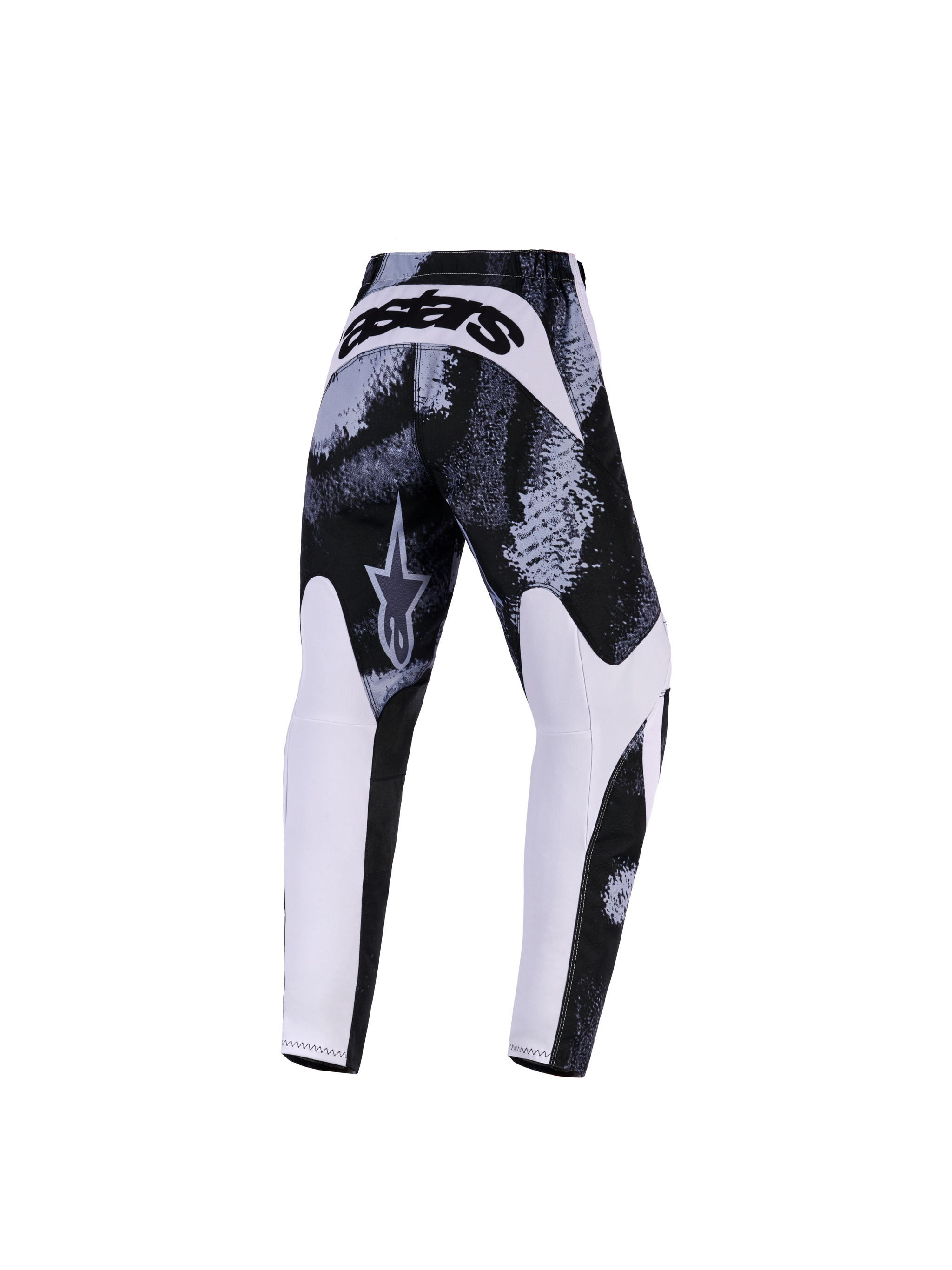 Pantaloni Alpinestars Youth Fluid Lahnd 2026, pantaloni da motocross, Iron Camo, vista posteriore con motivo astratto bianco e nero, pannelli bianchi sull'interno gamba e vistoso marchio 'astars' sul carré posteriore, abbigliamento off-road resistente per giovani piloti