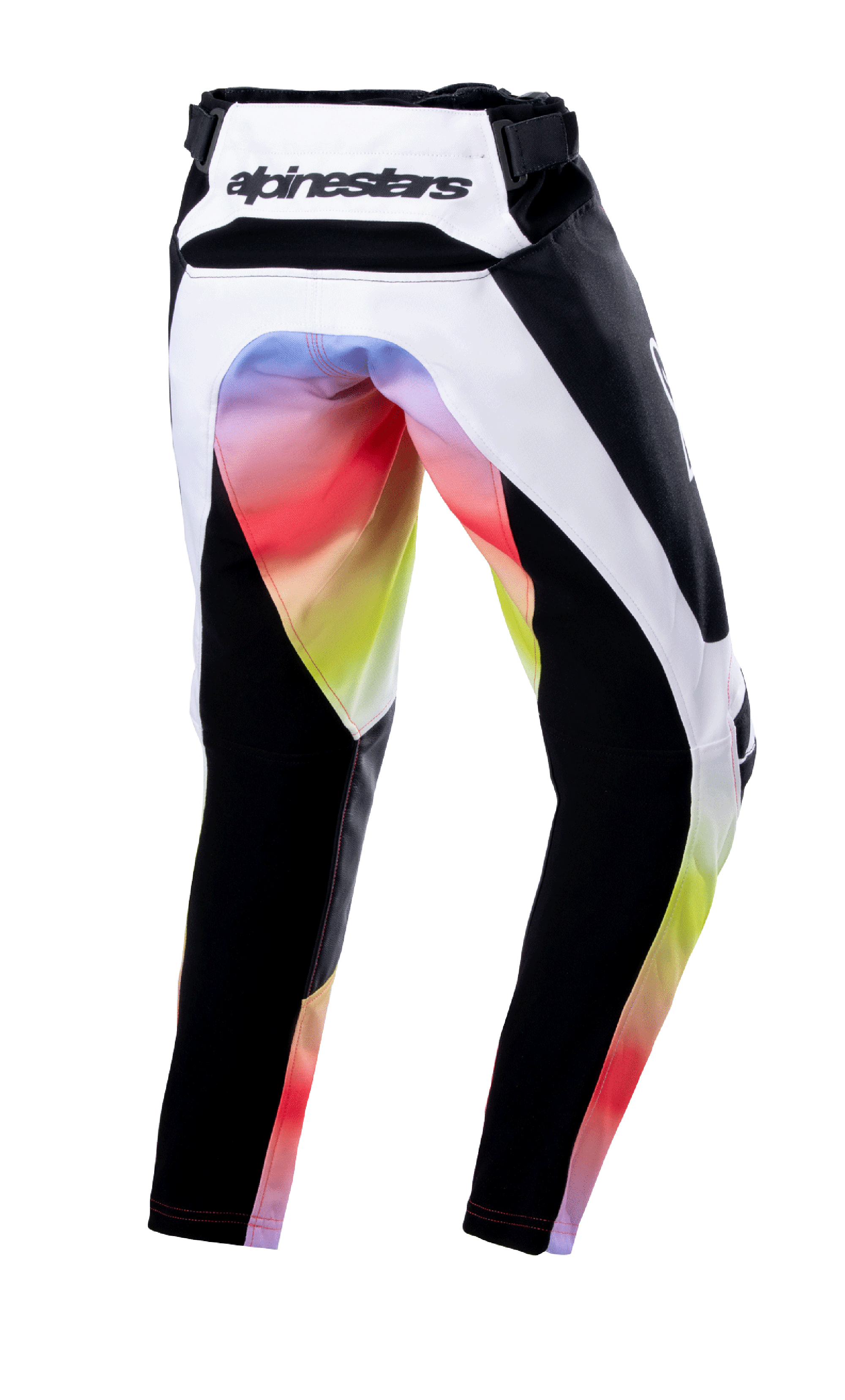 Alpinestars Pantaloni Youth Racer Semi 2023, pantaloni da motocross, nero multicolore, vista posteriore con pannelli bianchi e neri e una vivace sfumatura di colore sulla seduta e sull'interno gamba, logo Alpinestars sulla fascia in vita posteriore, design resistente per corse fuoristrada