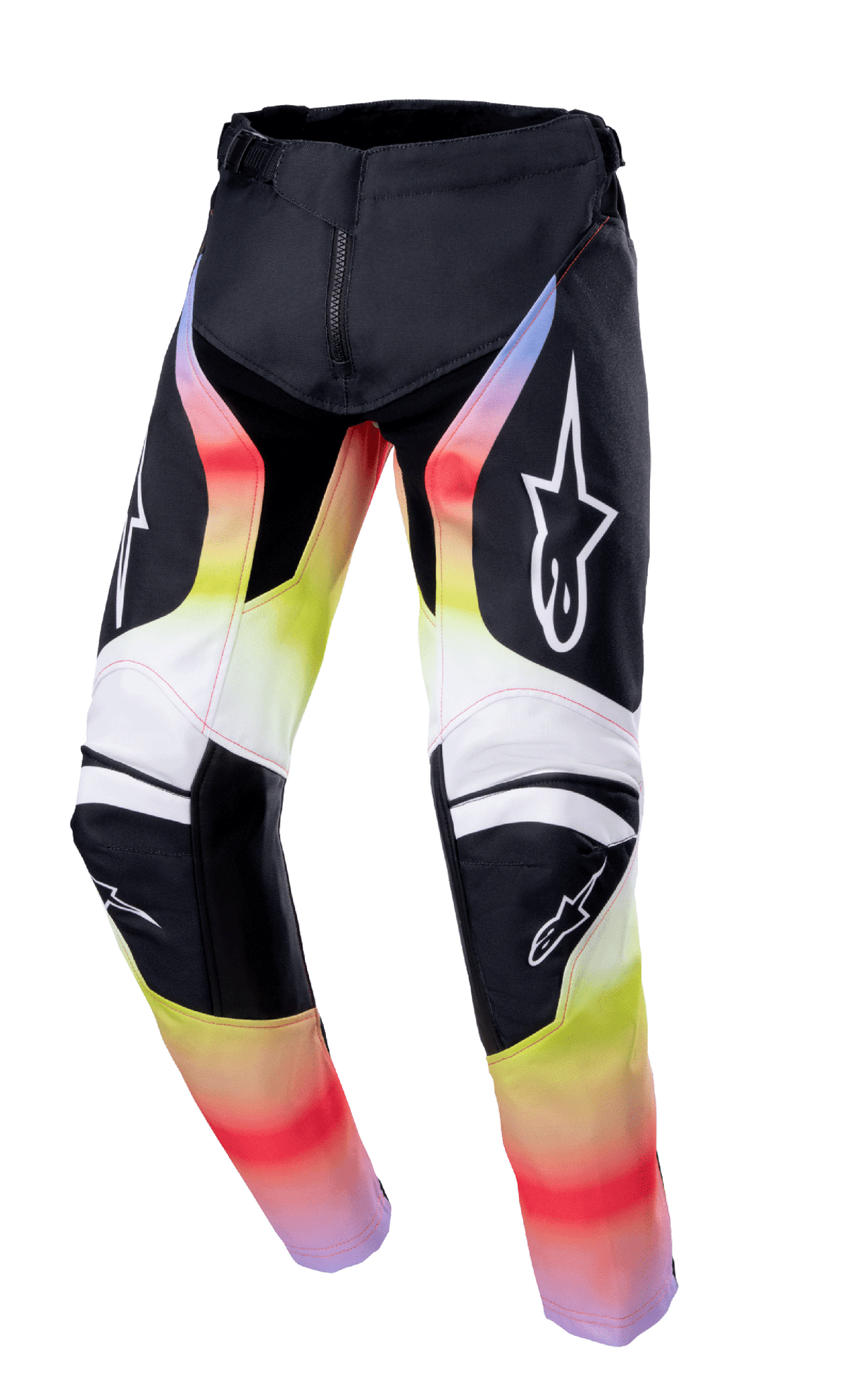 Alpinestars 2023 Youth Racer Semi Pants, pantaloni da motocross, nero con sfumature rosso, giallo e bianco, loghi a stella su cosce e ginocchia, design tecnico con protezioni rinforzate sulle ginocchia