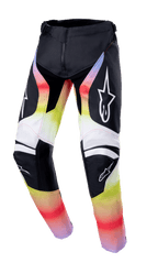Alpinestars 2023 Youth Racer Semi Pants, pantaloni da motocross, nero con sfumature rosso, giallo e bianco, loghi a stella su cosce e ginocchia, design tecnico con protezioni rinforzate sulle ginocchia