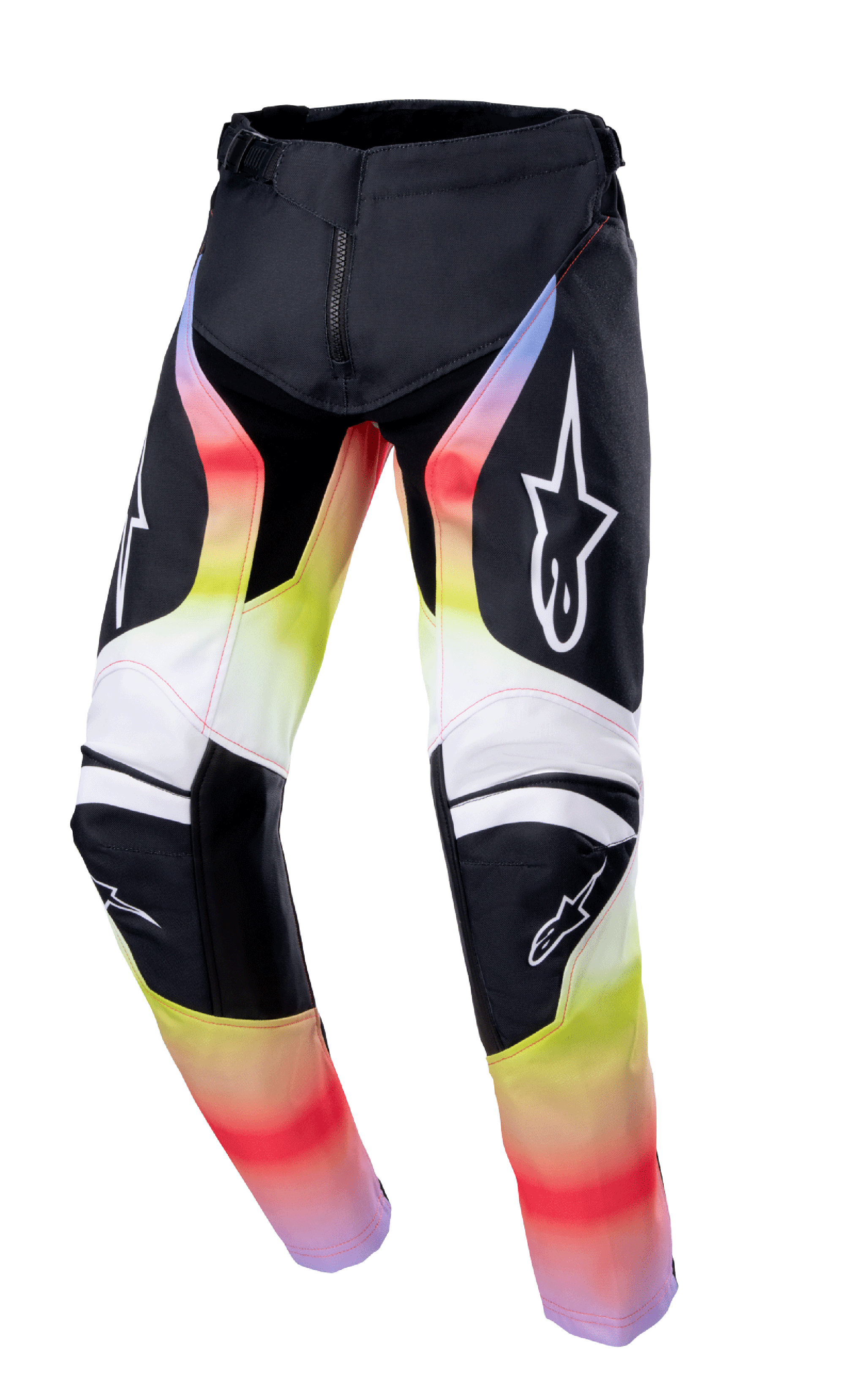 Alpinestars 2023 Youth Racer Semi Pants, pantaloni da motocross, nero con sfumature rosso, giallo e bianco, loghi a stella su cosce e ginocchia, design tecnico con protezioni rinforzate sulle ginocchia