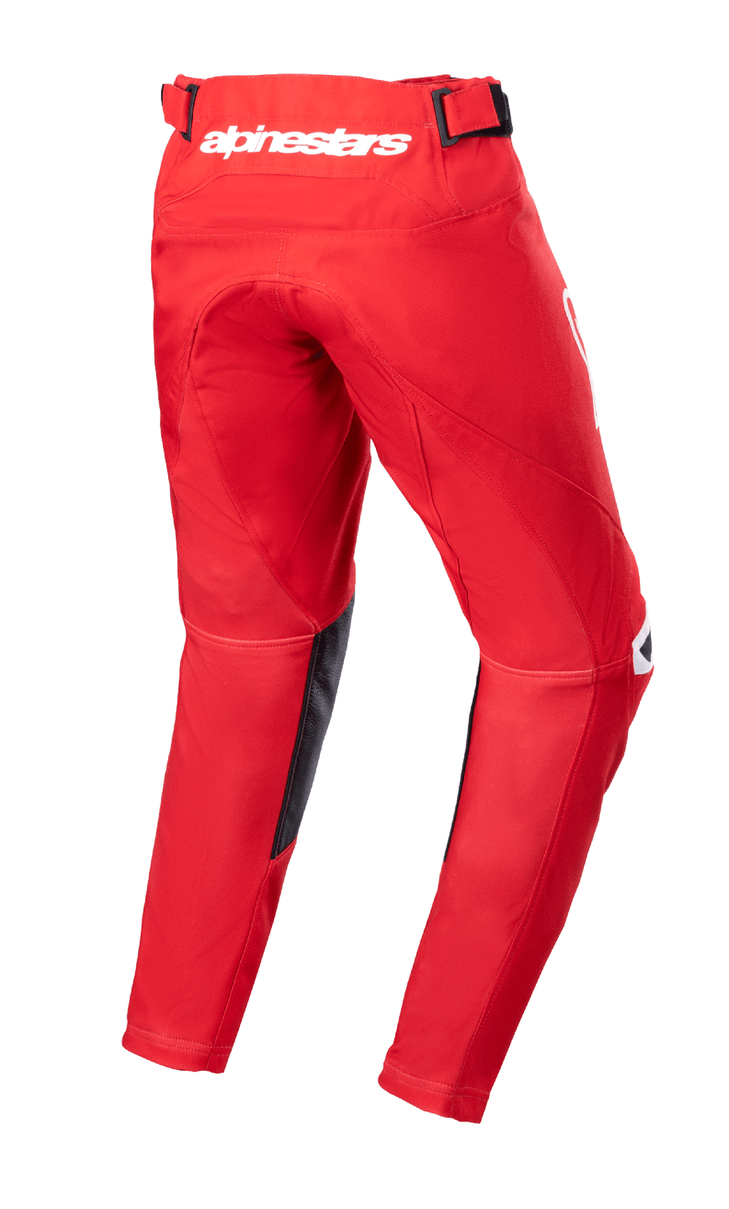 Alpinestars Pantaloni Youth Racer Narin 2023, pantaloni da motocross, rosso e bianco, vista posteriore con logo Alpinestars bianco sulla vita, pannelli interni in pelle nera, design ergonomico pre-curvato per guida fuoristrada