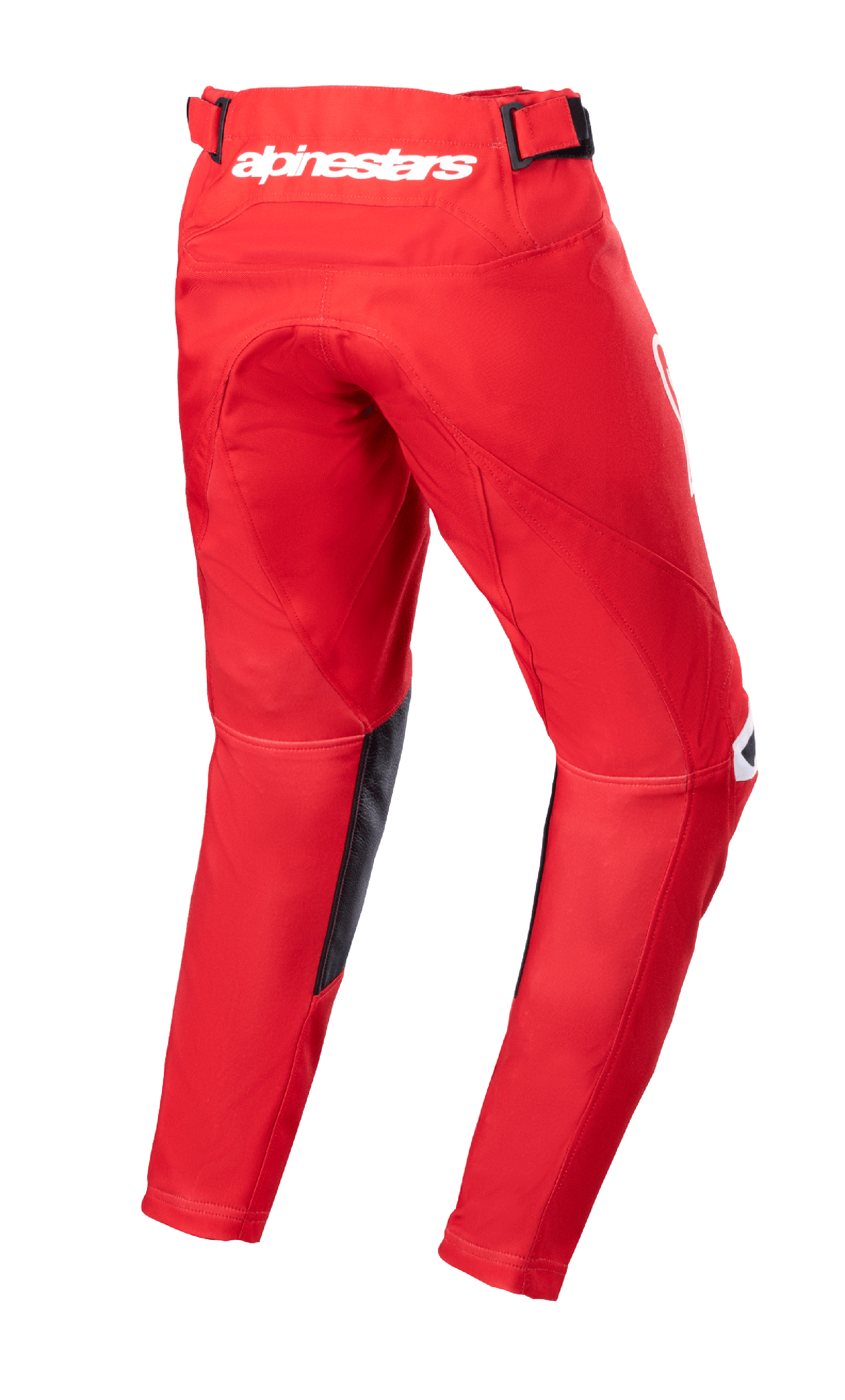 Alpinestars Pantaloni Youth Racer Narin 2023, pantaloni da motocross, rosso e bianco, vista posteriore con logo Alpinestars bianco sulla vita, pannelli interni in pelle nera, design ergonomico pre-curvato per guida fuoristrada