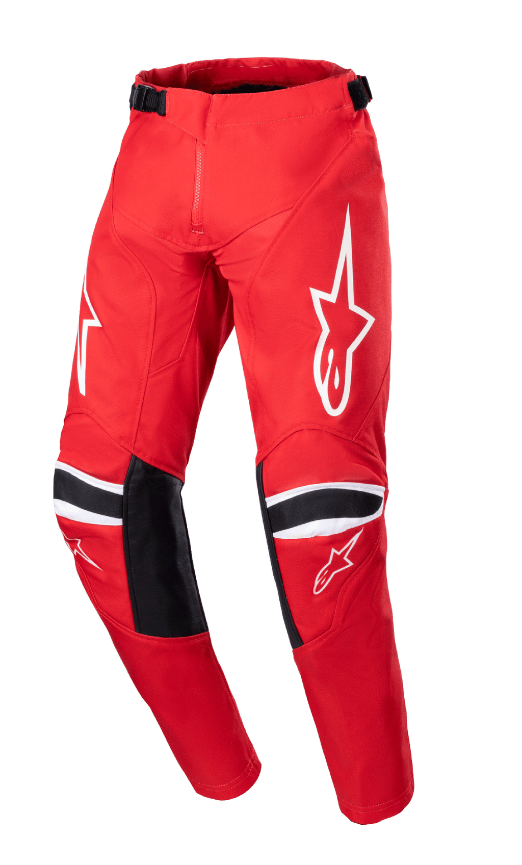 Alpinestars Youth 2023 Racer Narin Pants, pantaloni da motocross, Rosso Marte e bianco, con loghi a stella bianchi sulle cosce, pannelli di rinforzo neri sulle ginocchia con strisce bianche, cinghie di regolazione in vita, design resistente per il racing fuoristrada