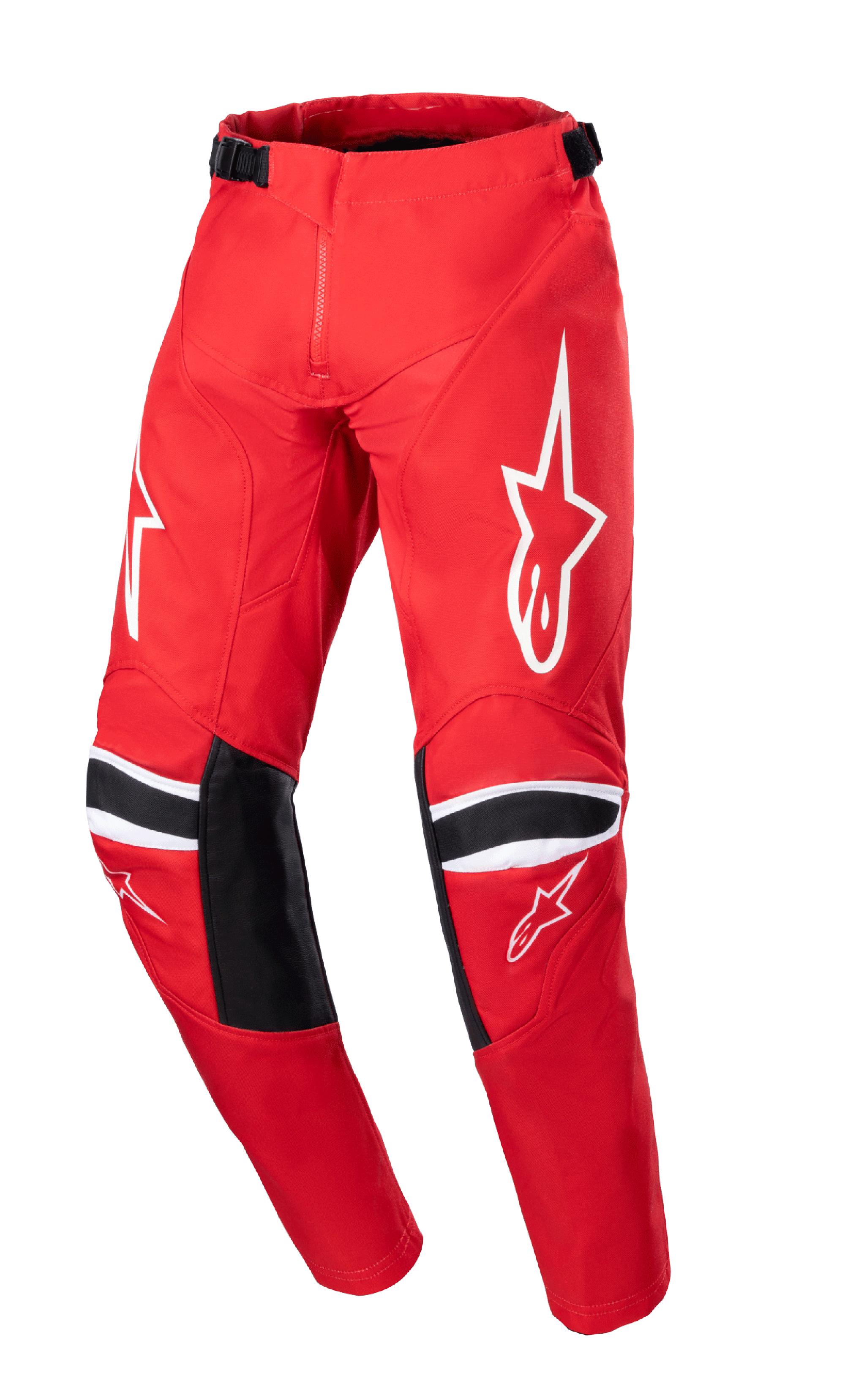 Alpinestars Youth 2023 Racer Narin Pants, pantaloni da motocross, Rosso Marte e bianco, con loghi a stella bianchi sulle cosce, pannelli di rinforzo neri sulle ginocchia con strisce bianche, cinghie di regolazione in vita, design resistente per il racing fuoristrada