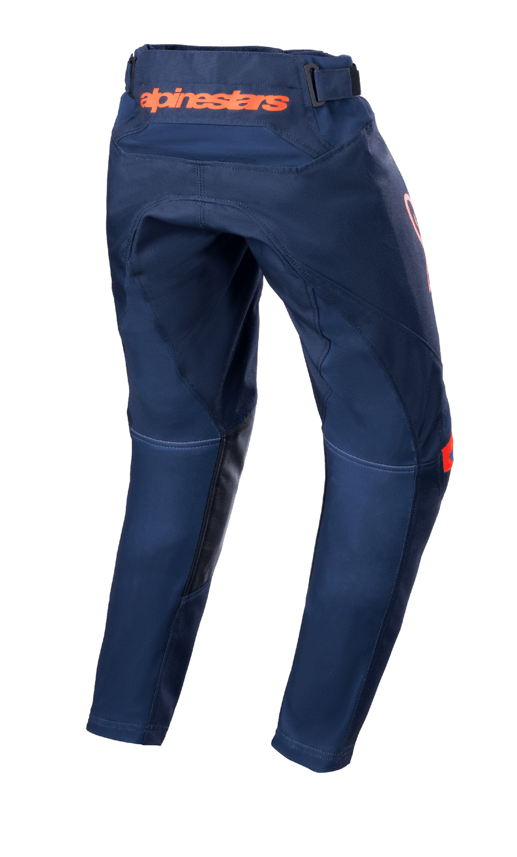 Alpinestars Pantaloni Youth Racer Narin 2023, pantaloni da motocross, blu navy e arancione acceso, vista posteriore con logo Alpinestars arancione sulla vita e rinforzi interni in pelle nera, design in tessuto resistente per il fuoristrada