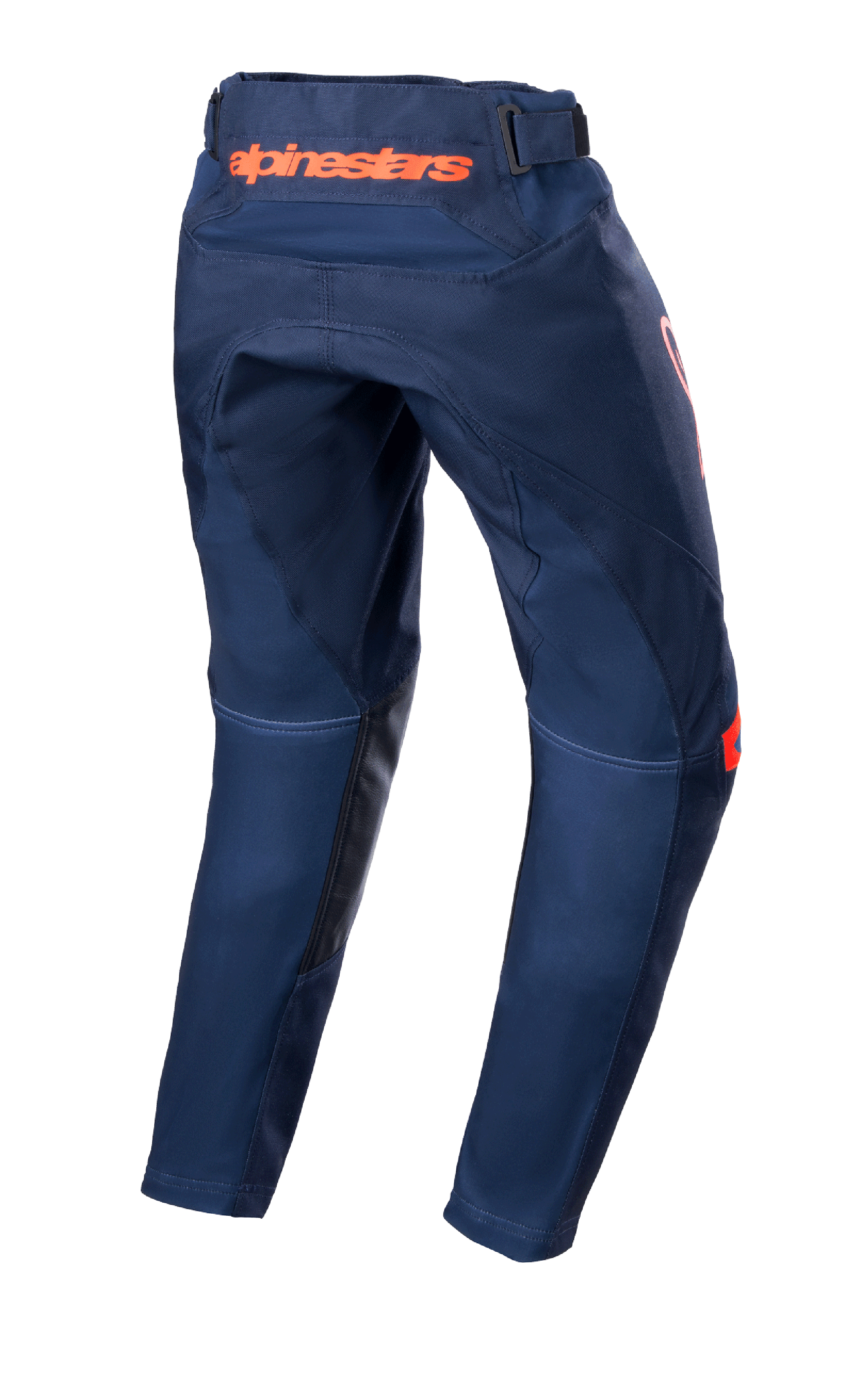 Alpinestars Pantaloni Youth Racer Narin 2023, pantaloni da motocross, blu navy e arancione acceso, vista posteriore con logo Alpinestars arancione sulla vita e rinforzi interni in pelle nera, design in tessuto resistente per il fuoristrada