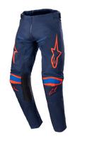 Alpinestars 2023 Youth Racer Narin Pants, pantaloni da motocross, blu notte e arancione acceso, loghi arancioni su cosce e ginocchia, accenti blu, pannelli neri all'interno della gamba, tessuto resistente per corse fuoristrada