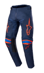 Alpinestars 2023 Youth Racer Narin Pants, pantaloni da motocross, blu notte e arancione acceso, loghi arancioni su cosce e ginocchia, accenti blu, pannelli neri all'interno della gamba, tessuto resistente per corse fuoristrada