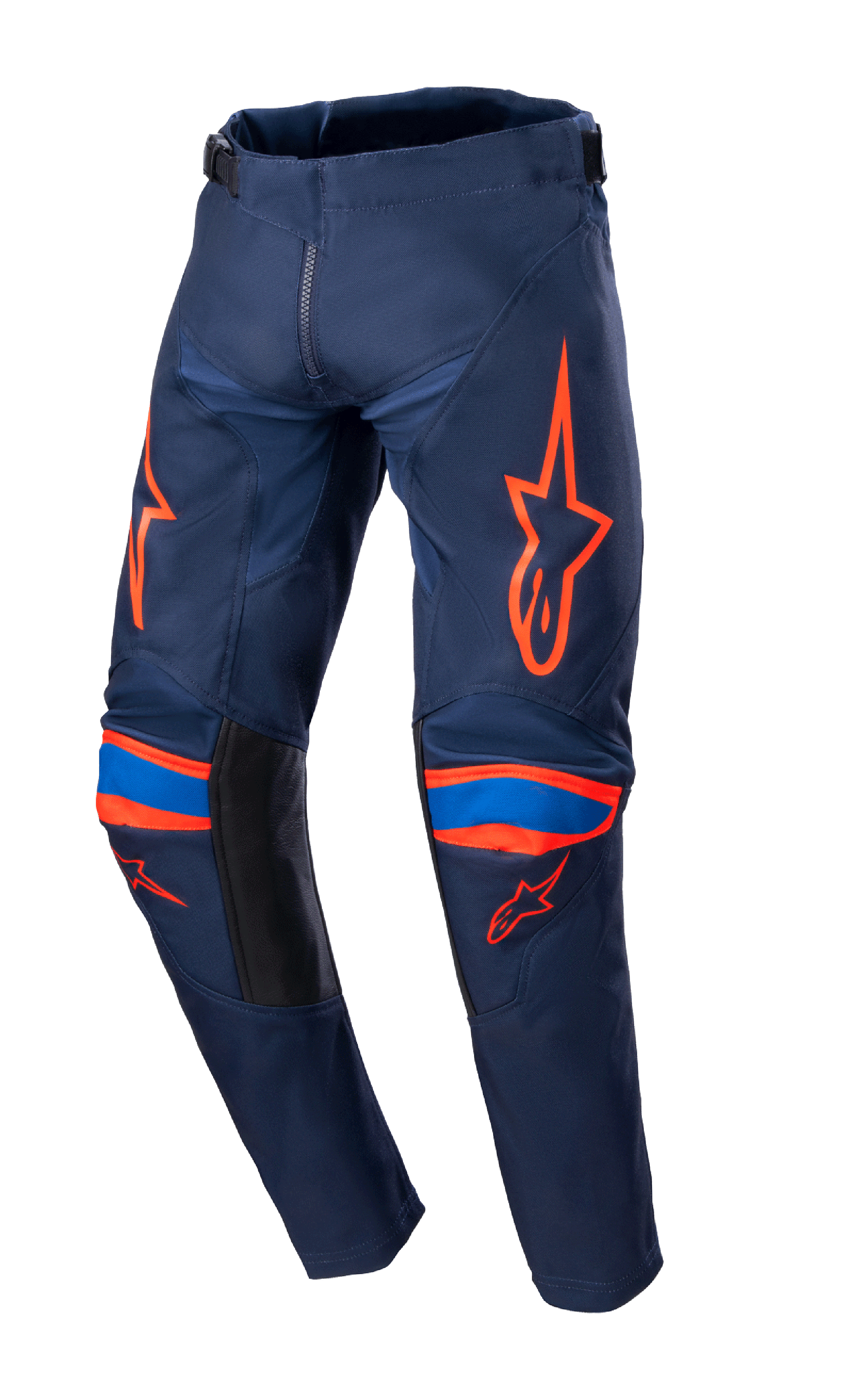 Alpinestars 2023 Youth Racer Narin Pants, pantaloni da motocross, blu notte e arancione acceso, loghi arancioni su cosce e ginocchia, accenti blu, pannelli neri all'interno della gamba, tessuto resistente per corse fuoristrada