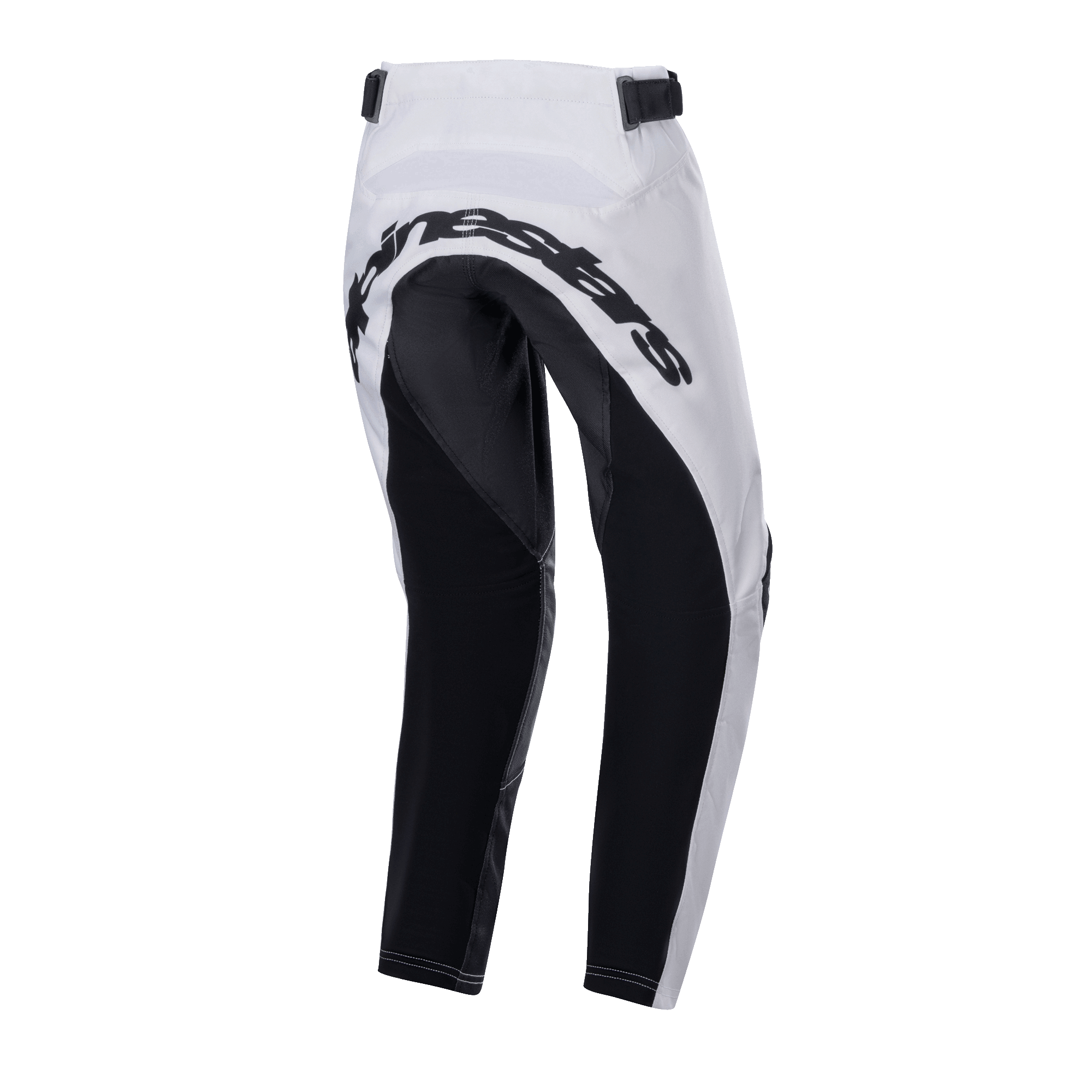 Alpinestars pantaloni Youth Racer Lucent 2024, pantaloni da motocross, bianco e nero, vista posteriore con ampi pannelli neri rinforzati sulla seduta e all'interno delle gambe, scritta Alpinestars sul retro e cinturini regolabili in vita per la guida fuoristrada