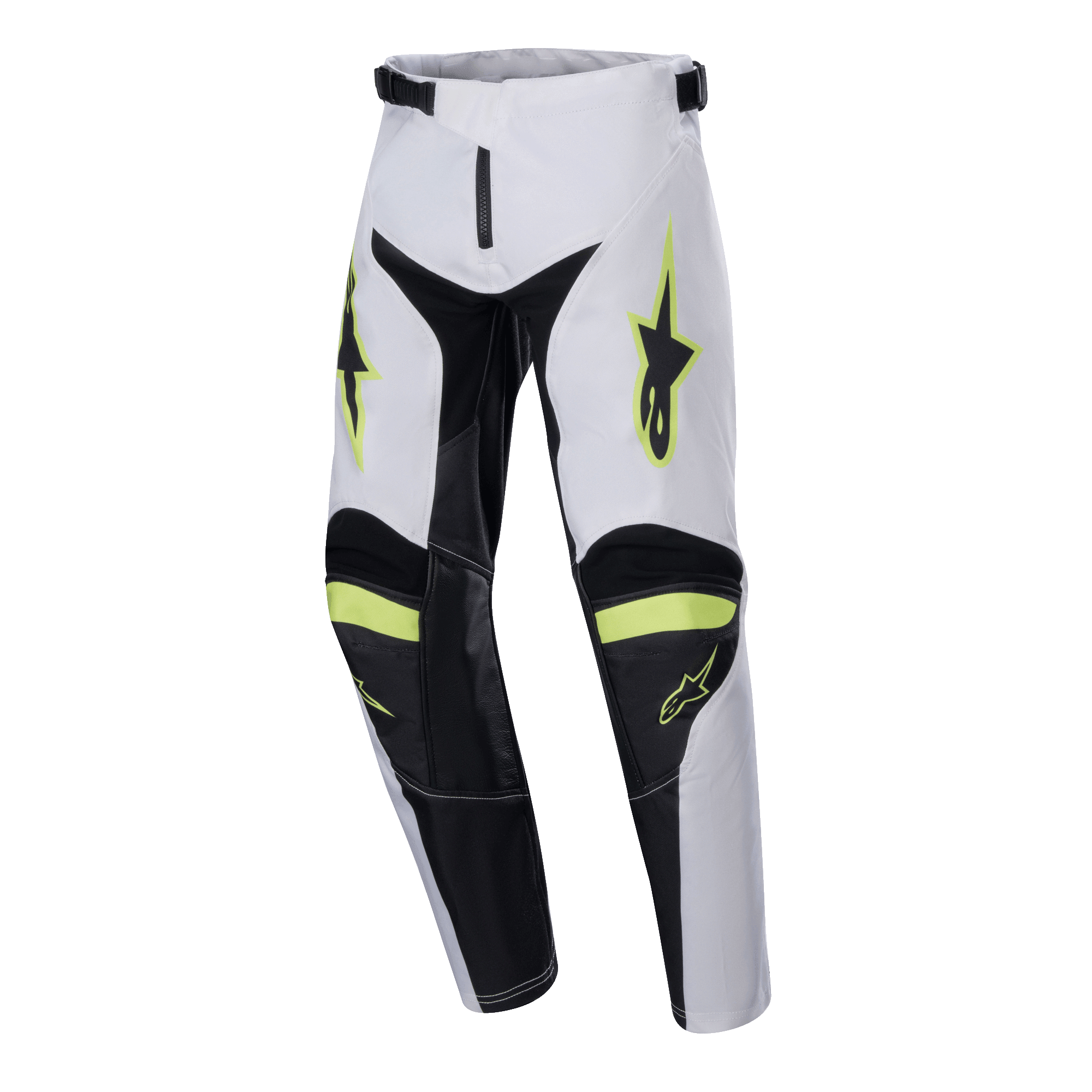 Alpinestars pantaloni Youth Racer Lucent 2024, pantaloni da motocross, bianco, nero e giallo fluo, loghi a stella sulle cosce, pannelli neri sull'interno gamba e sulle ginocchia, design sportivo pre-curvato per prestazioni motocross