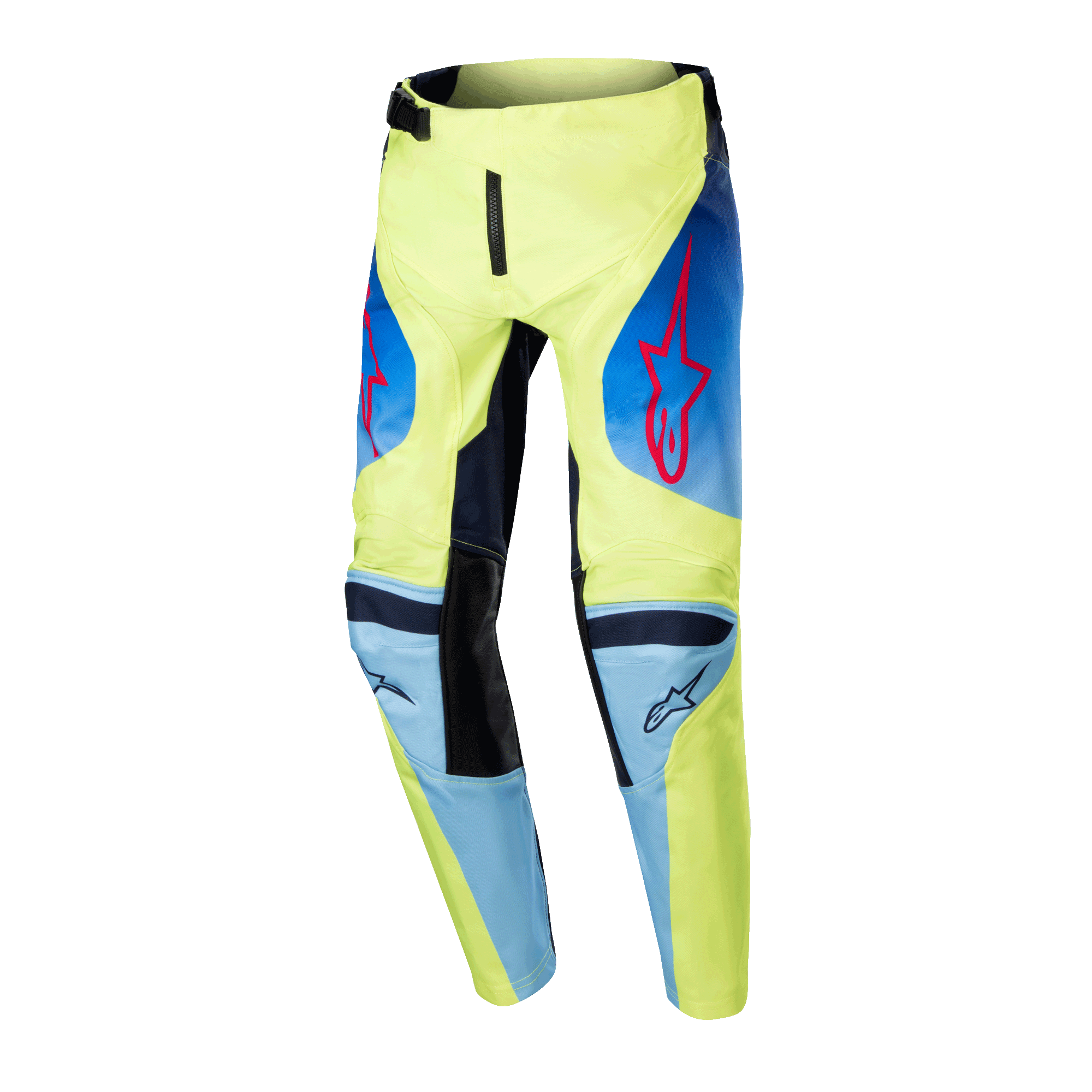 Alpinestars Pantaloni Youth Racer Hoen 2024, pantaloni da motocross, giallo fluo e blu notte navy, con loghi a stella Alpinestars rossi, pannelli blu navy e ginocchia rinforzate nere, design sportivo per corse fuoristrada