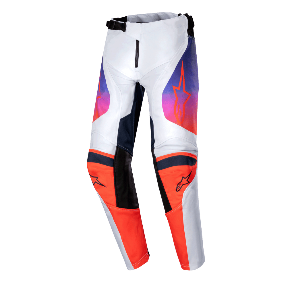 Alpinestars pantaloni Youth Racer Hoen 2024, pantaloni da motocross per ragazzi, grigio chiaro, arancione vivace e nero, pannelli arancioni sulle ginocchia con loghi neri, grafiche sfumate da viola ad arancione sulle cosce, design ergonomico pre-curvato per corse fuoristrada