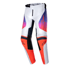 Alpinestars pantaloni Youth Racer Hoen 2024, pantaloni da motocross per ragazzi, grigio chiaro, arancione vivace e nero, pannelli arancioni sulle ginocchia con loghi neri, grafiche sfumate da viola ad arancione sulle cosce, design ergonomico pre-curvato per corse fuoristrada