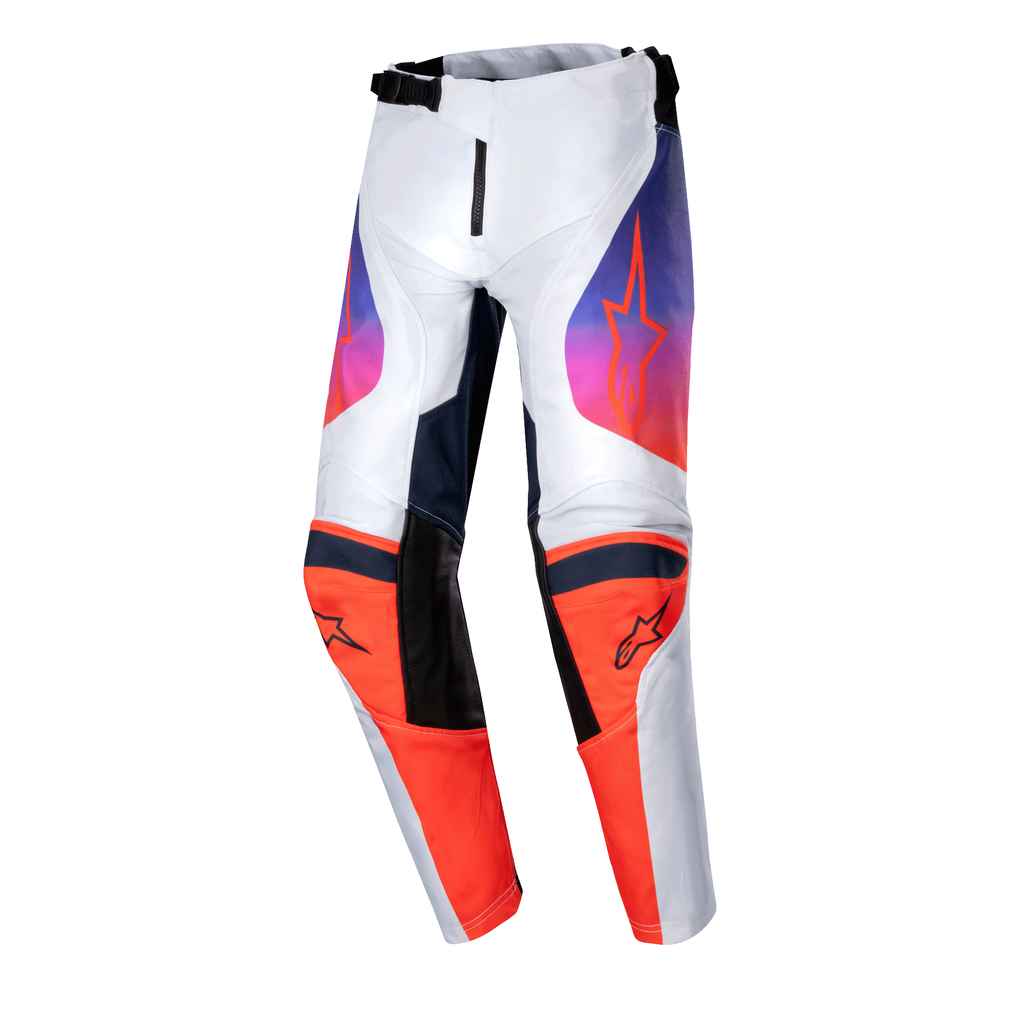 Alpinestars pantaloni Youth Racer Hoen 2024, pantaloni da motocross per ragazzi, grigio chiaro, arancione vivace e nero, pannelli arancioni sulle ginocchia con loghi neri, grafiche sfumate da viola ad arancione sulle cosce, design ergonomico pre-curvato per corse fuoristrada