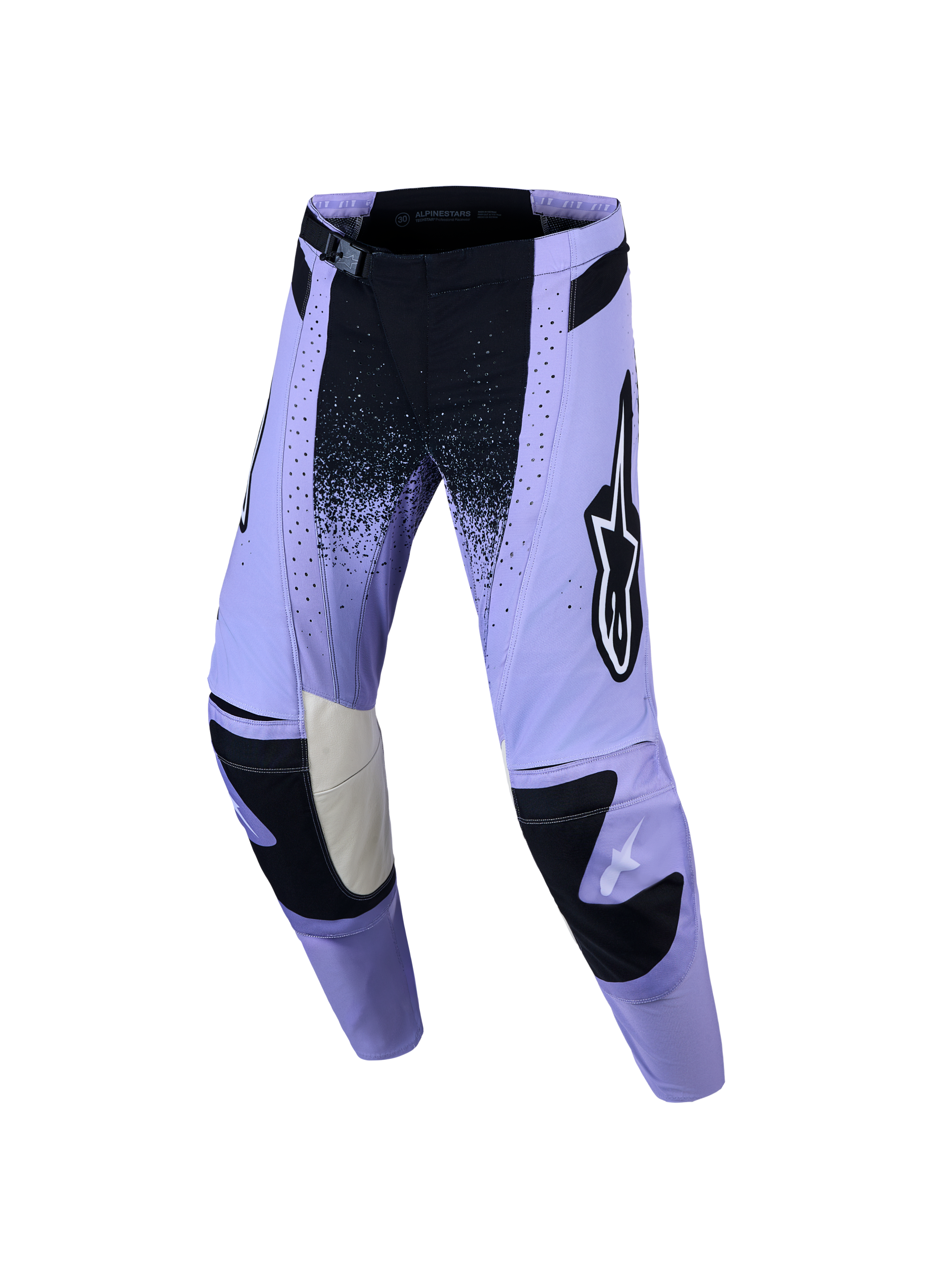 Alpinestars Stella Techstar Swan Pants, pantaloni da motocross da donna, viola e neri, con perforazioni laser per la ventilazione e fibbia magnetica SX2, rinforzi in pelle all'interno delle ginocchia, design ergonomico per l'off-road.
