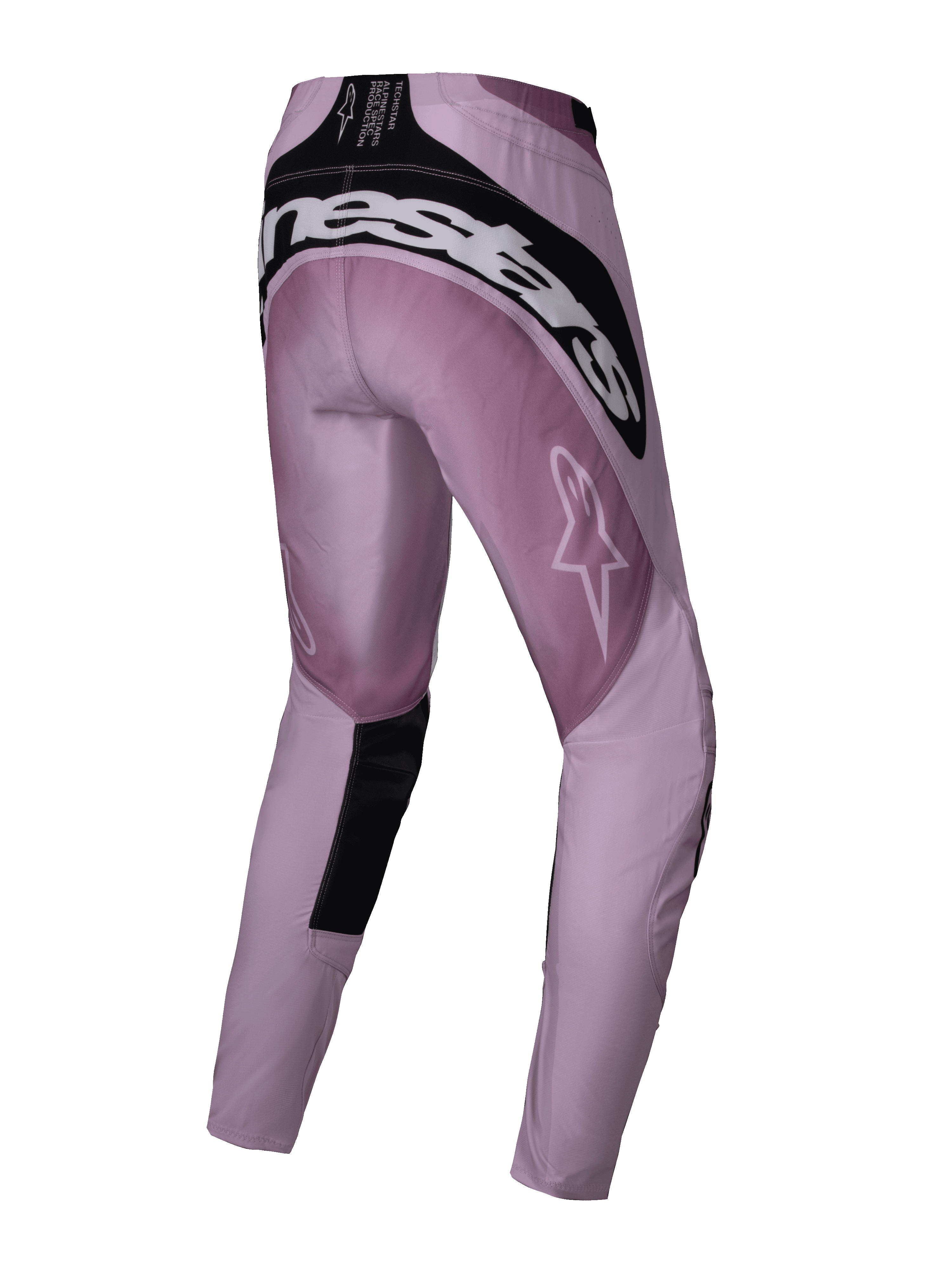 Alpinestars 2025 Stella Techstar Melt Pants, pantaloni da motocross da donna, colore Blush Black, vista posteriore con logo Alpinestars bianco sulla seduta, pannelli rinforzati neri e logo a stella sulla coscia, progettati per prestazioni fuoristrada