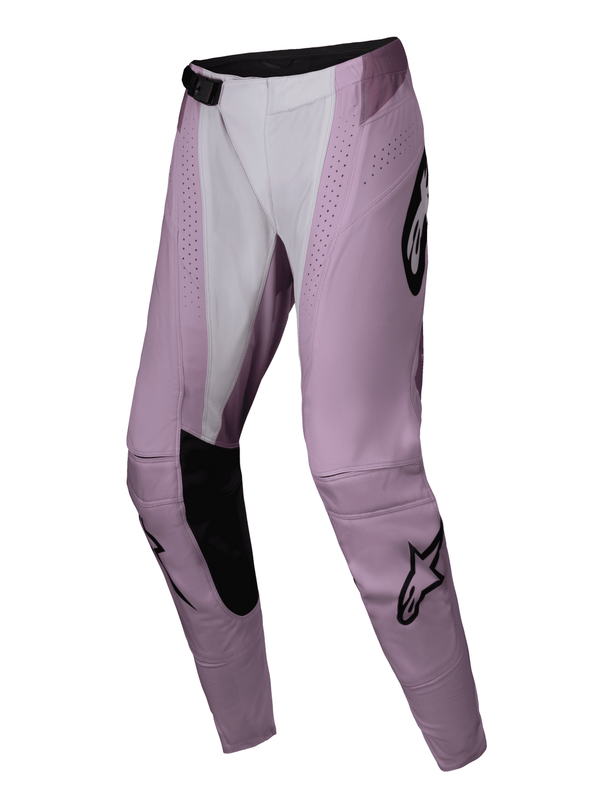Alpinestars 2025 Stella Techstar Melt Pants, pantaloni da motocross da donna, rosa e bianco con dettagli neri, con perforazioni tagliate al laser, interno delle ginocchia rinforzato e iconici loghi a stella neri, progettati per gare fuoristrada ad alte prestazioni