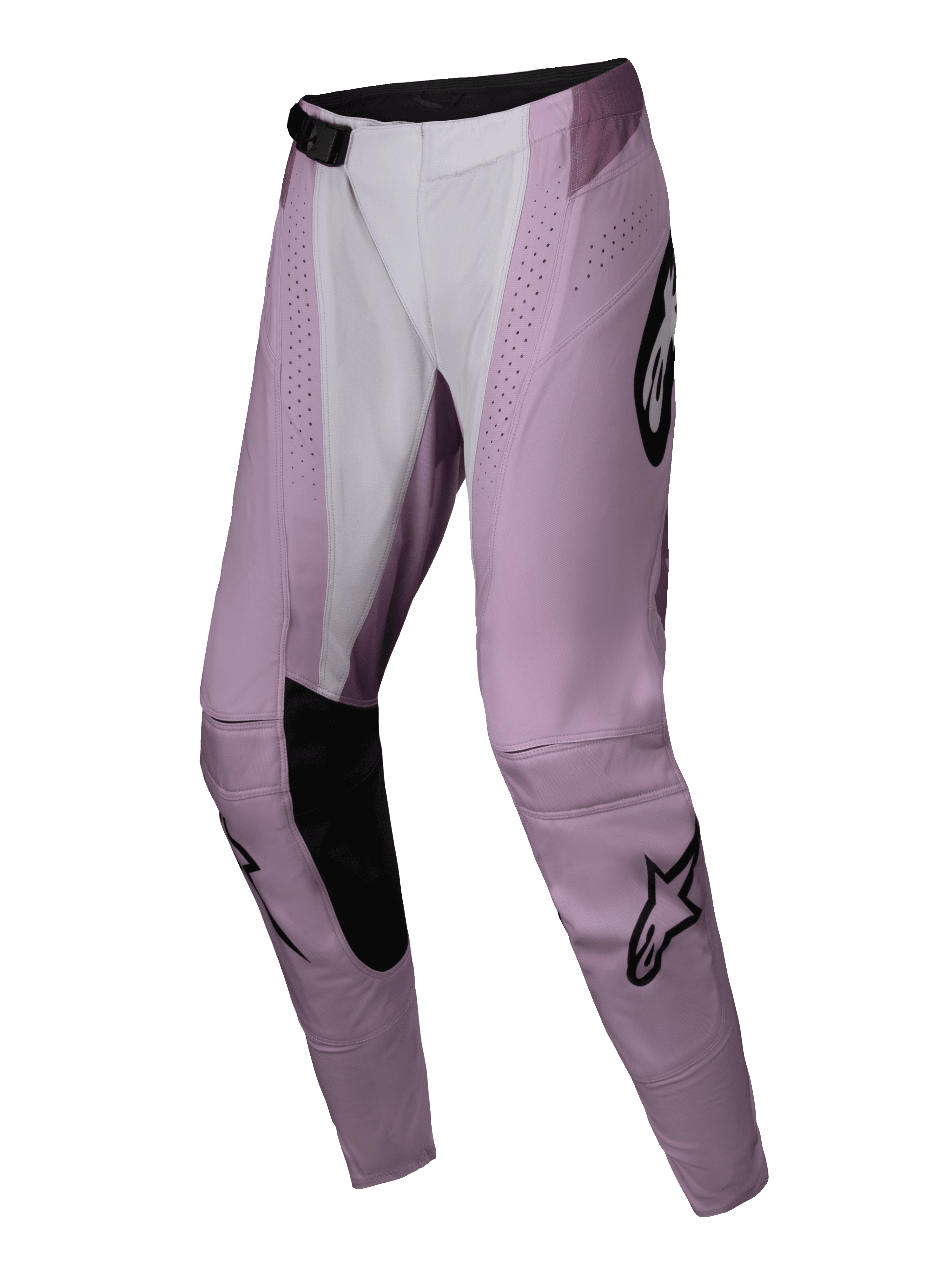 Alpinestars 2025 Stella Techstar Melt Pants, pantaloni da motocross da donna, rosa e bianco con dettagli neri, con perforazioni tagliate al laser, interno delle ginocchia rinforzato e iconici loghi a stella neri, progettati per gare fuoristrada ad alte prestazioni