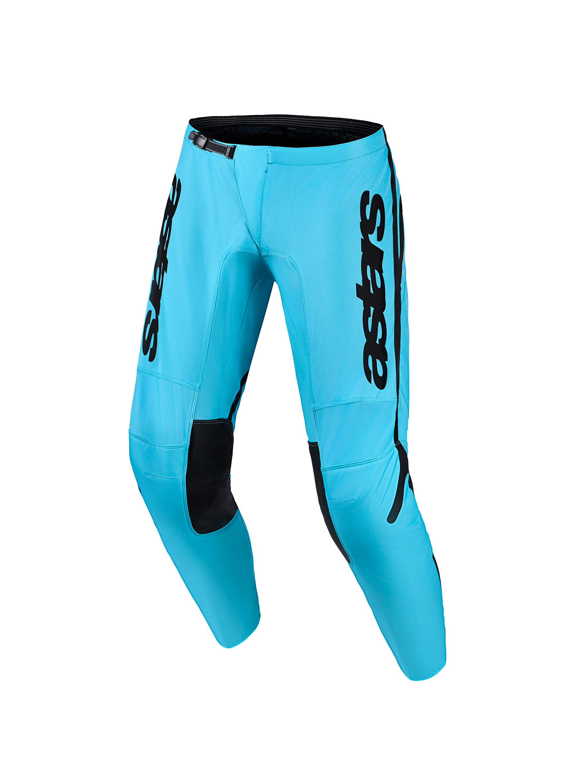 Alpinestars 2026 Pantaloni Stella Fluid Apex da donna, pantaloni da motocross, blu ciano brillante e nero, con marchio nero audace sulle cosce, toppe interne nere sulle ginocchia e chiusura in vita a cricchetto, design ergonomico per pilote off-road.