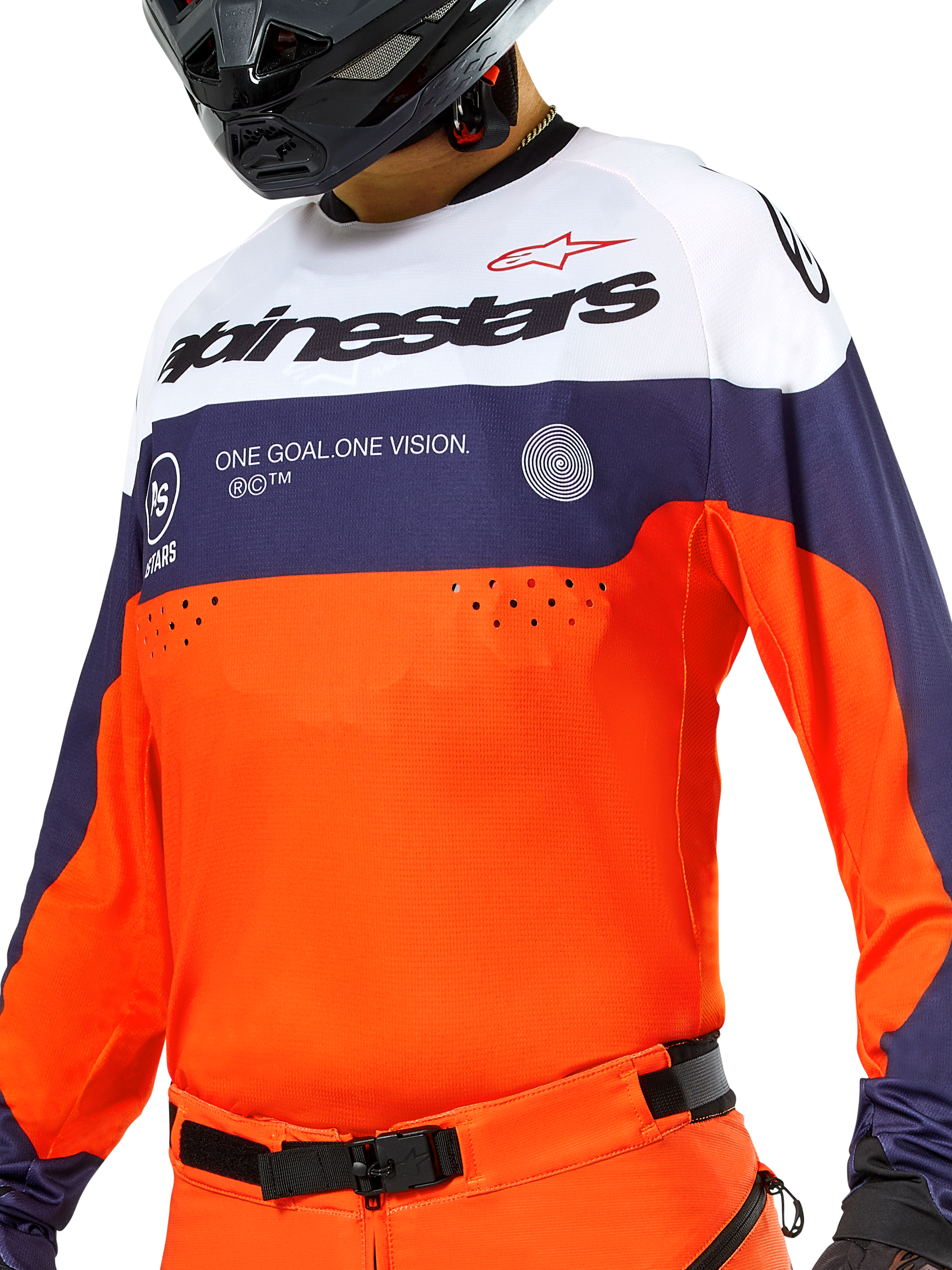 Alpinestars Pro-Dura Jersey, maglia da motocross ed enduro, blu navy, arancione acceso e bianco, tessuto leggero con costruzione traspirante, maniche lunghe con polsini elasticizzati, design sportivo per fuoristrada