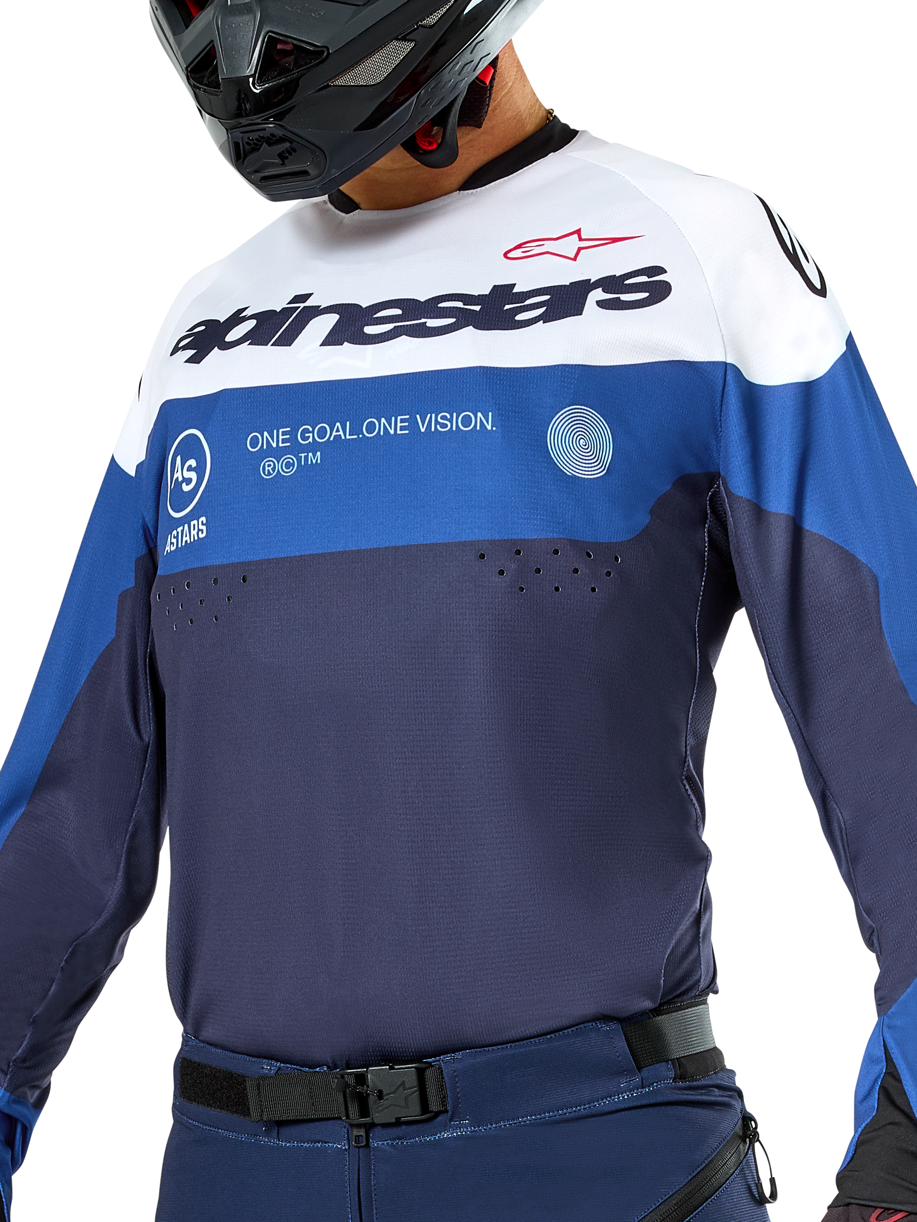 Alpinestars Pro-Dura Jersey, maglia da enduro e motocross, blu navy, azzurro e bianco, vestibilità atletica con loghi evidenti, costruzione in tessuto resistente per prestazioni fuoristrada