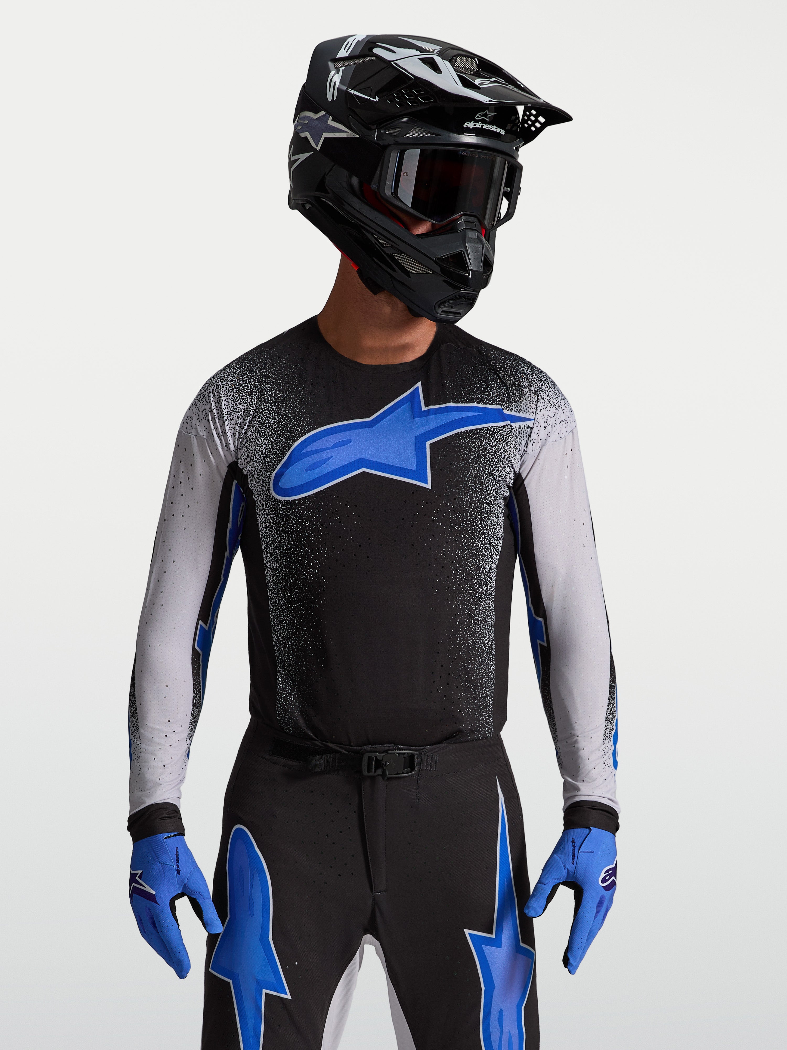 Alpinestars maglia Supertech Hiten AFD, maglia da motocross da uomo, nera e blu, vestibilità racing per gare fuoristrada.