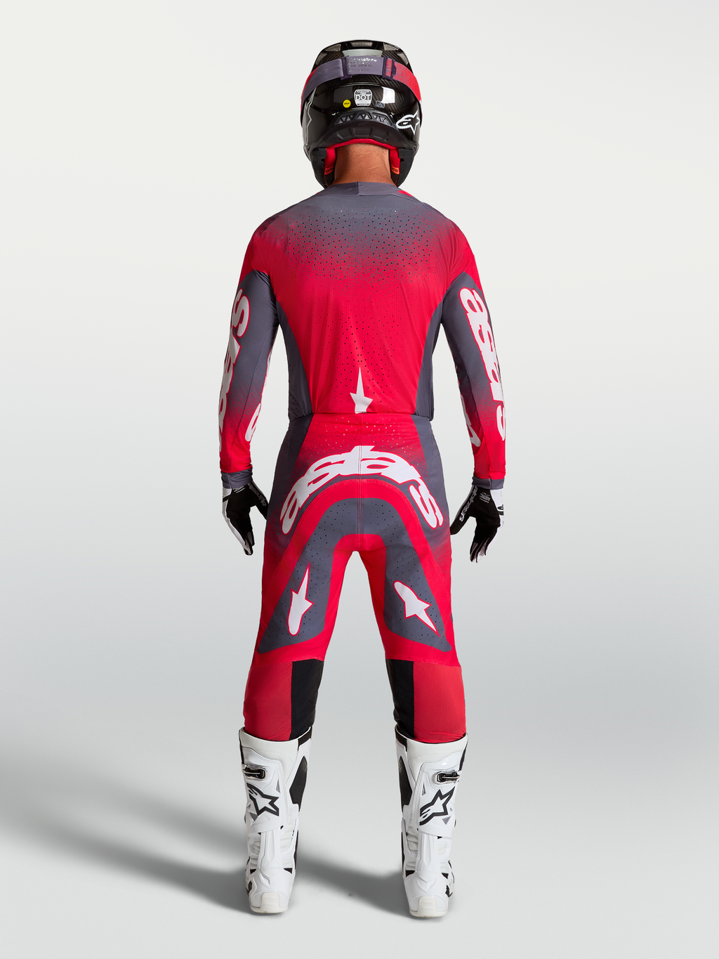 Alpinestars maglia Supertech Hiten AFD, maglia da motocross uomo, rosso fluo e grigio, vista posteriore su modello