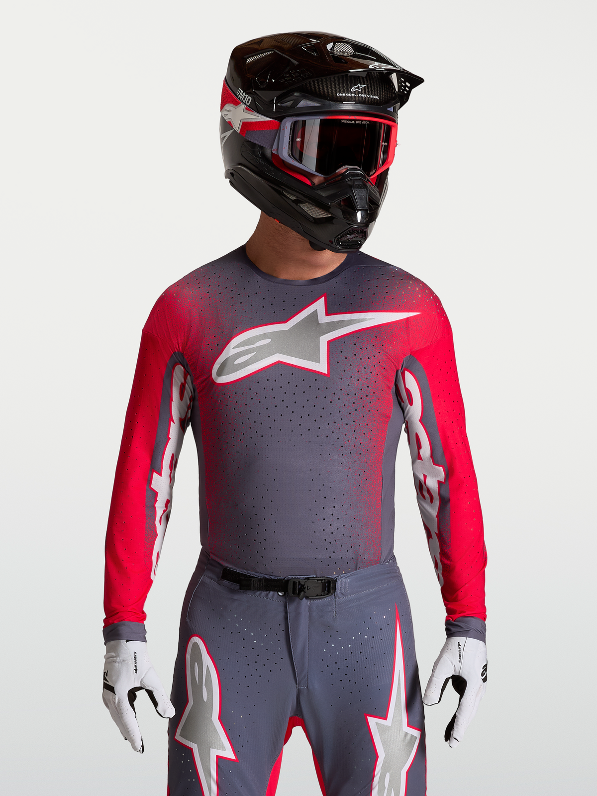 Alpinestars Maglia Supertech Hiten AFD, maglia da motocross da uomo, grigio e rosso fluo, in mesh ventilata con perforazioni laser per prestazioni off-road.