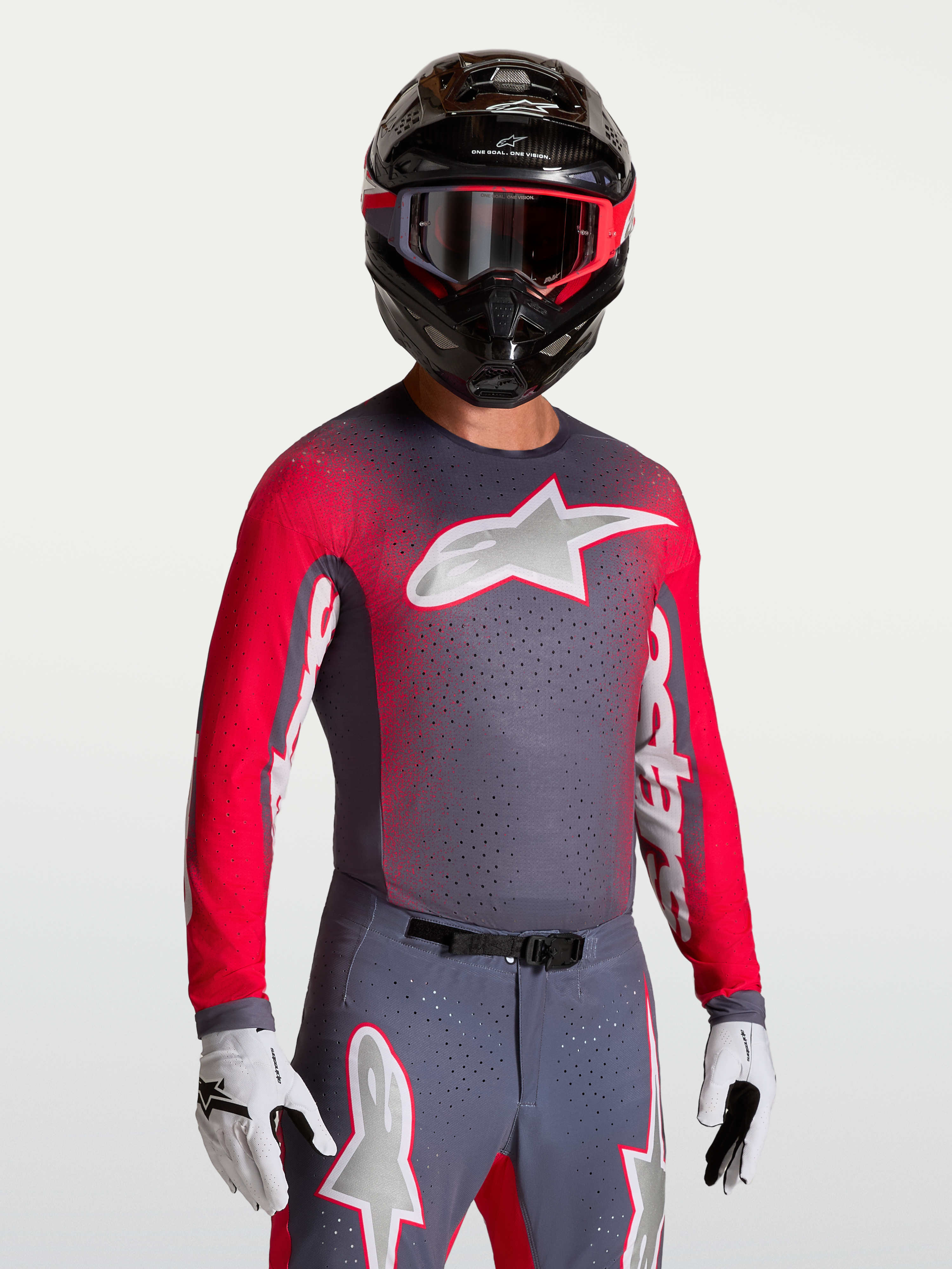 Alpinestars Maglia Supertech Hiten AFD, maglia da motocross da uomo, grigio e rosso fluo, mesh ventilato e traspirante.
