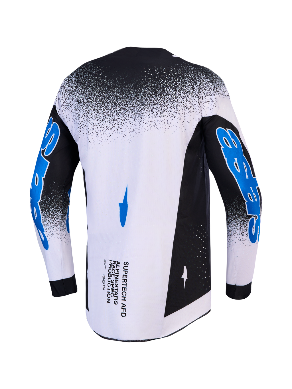 Alpinestars Maglia Supertech Hiten AFD, maglia da motocross da uomo, bianco e nero con grafiche blu, vista posteriore.