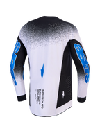 Alpinestars Maglia Supertech Hiten AFD, maglia da motocross da uomo, bianco e nero con grafiche blu, vista posteriore.