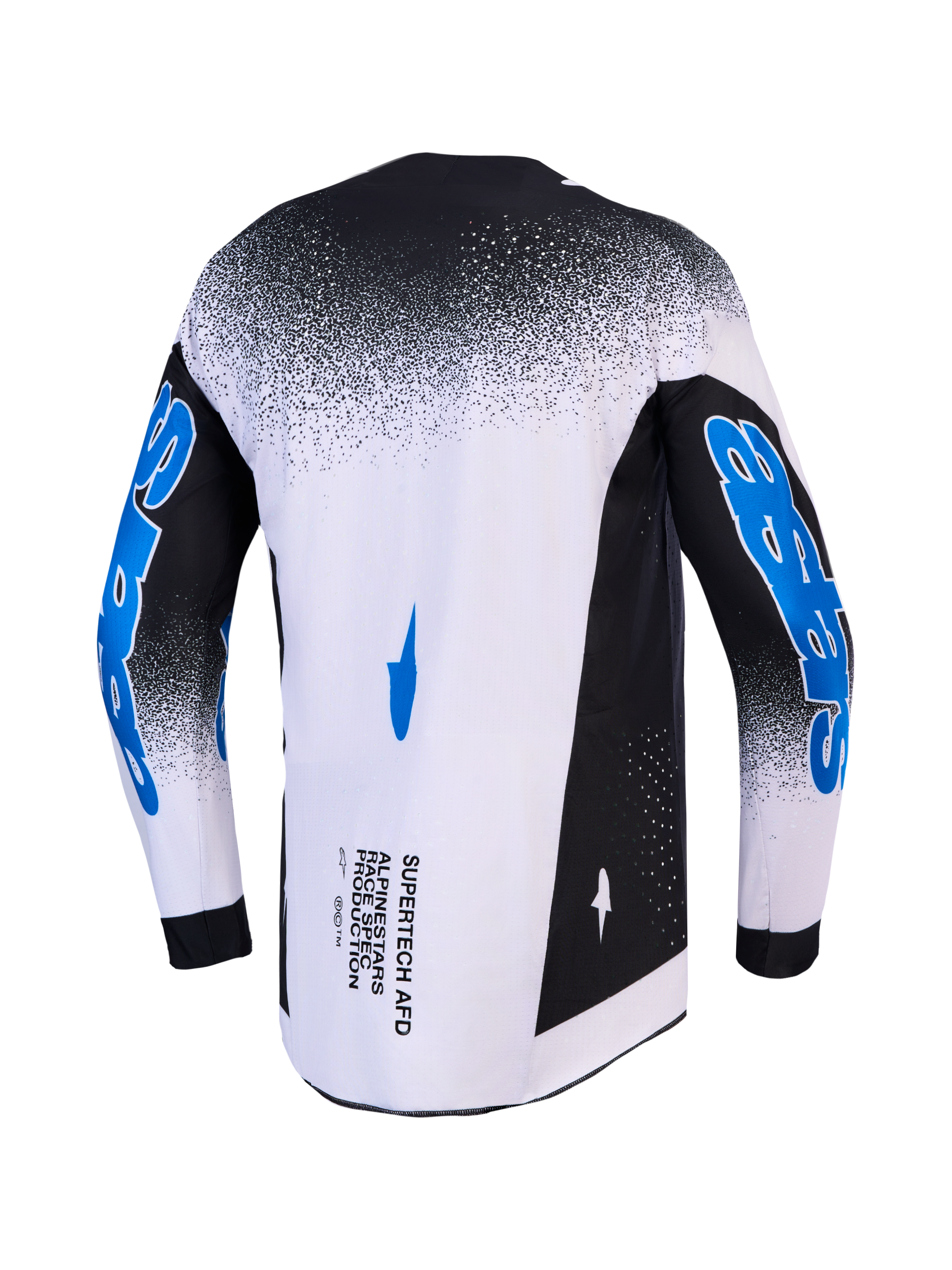 Alpinestars Maglia Supertech Hiten AFD, maglia da motocross da uomo, bianco e nero con grafiche blu, vista posteriore.