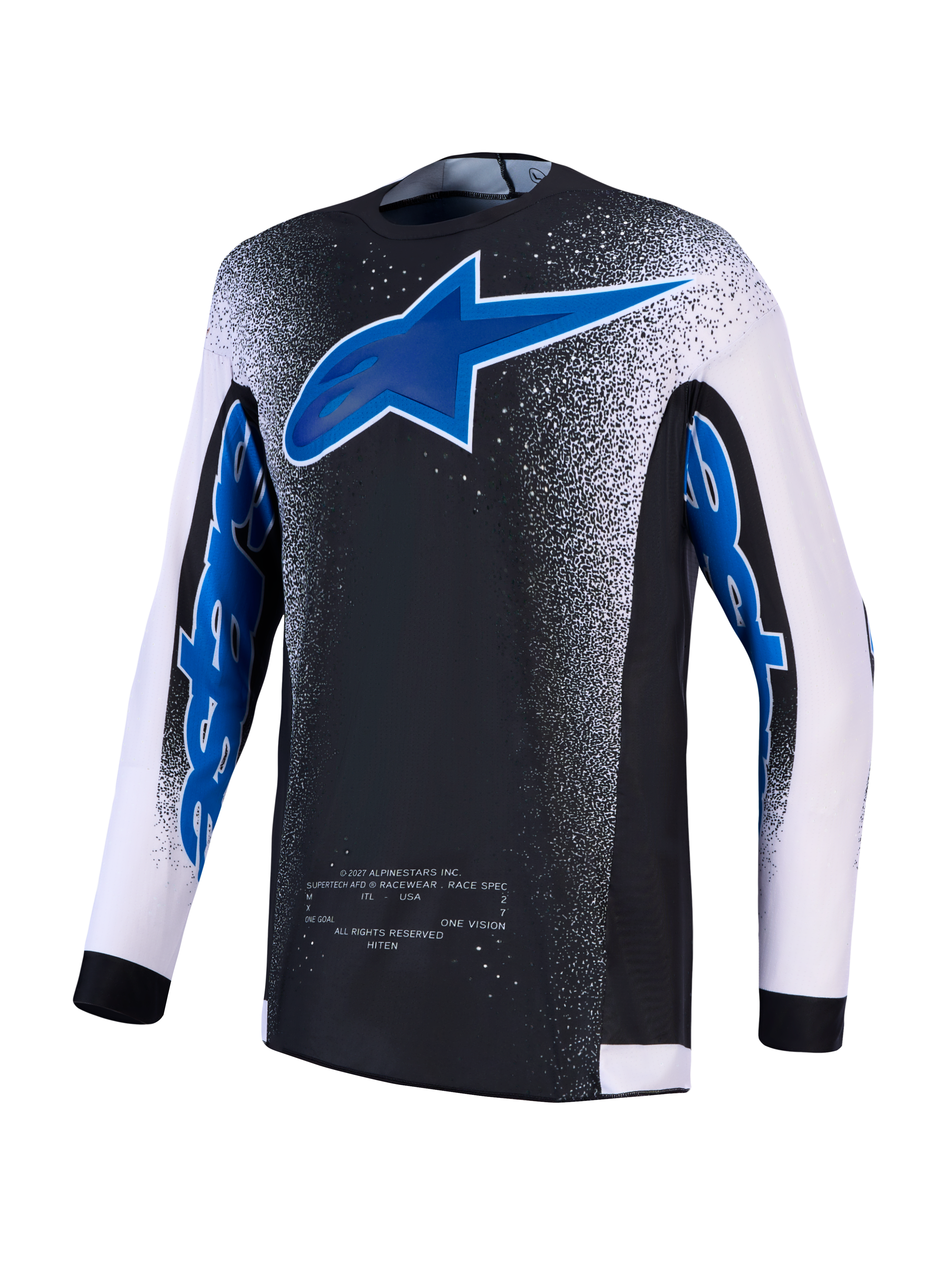 Alpinestars maglia Supertech Hiten AFD, maglia da motocross da uomo, nera e blu con maniche bianche e mesh ventilato