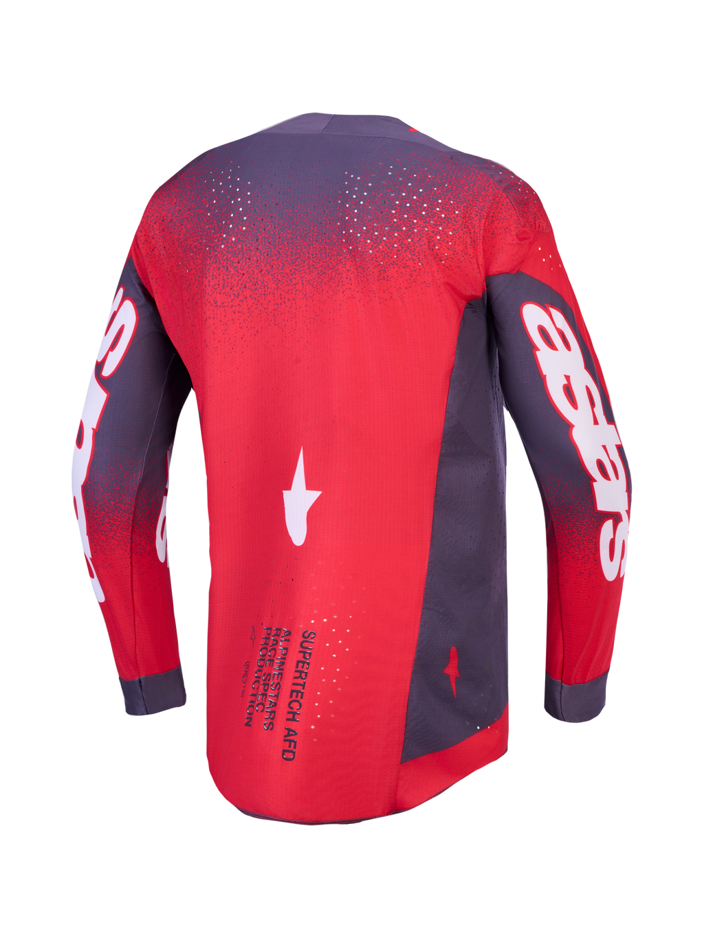 Alpinestars maglia Supertech Hiten AFD, maglia motocross uomo ventilata, rosso fluo e grigio, vista posteriore, vestibilità atletica.