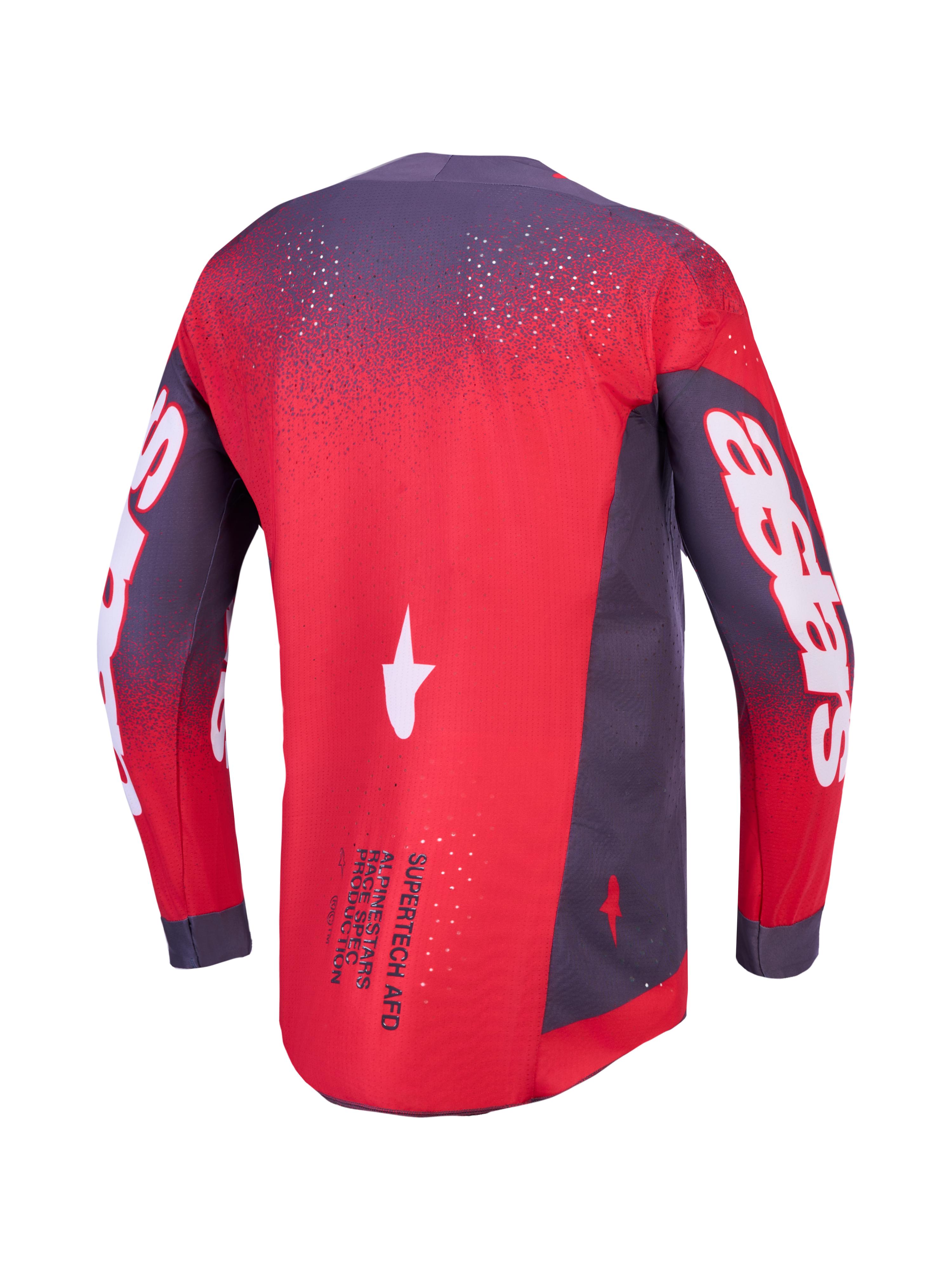 Alpinestars maglia Supertech Hiten AFD, maglia motocross uomo ventilata, rosso fluo e grigio, vista posteriore, vestibilità atletica.