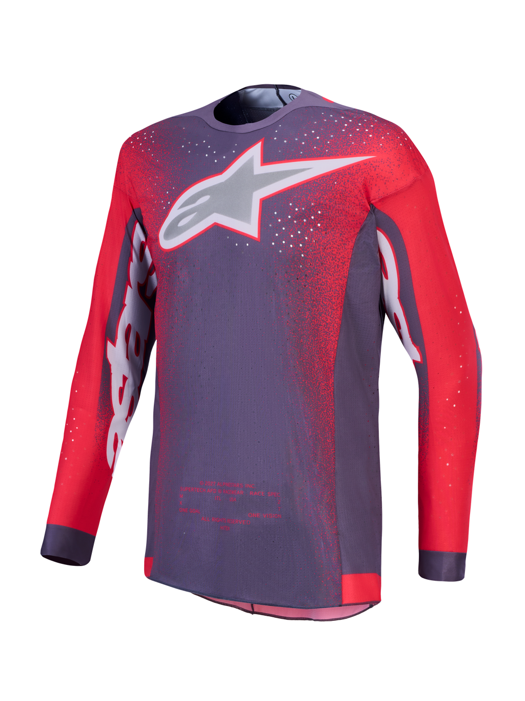 Alpinestars Maglia Supertech Hiten AFD, maglia da gara motocross da uomo, grigia e rossa fluorescente, in mesh elasticizzato ventilato con struttura spalla AFD e logo Alpinestars sul petto.