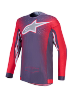 Alpinestars Maglia Supertech Hiten AFD, maglia da gara motocross da uomo, grigia e rossa fluorescente, in mesh elasticizzato ventilato con struttura spalla AFD e logo Alpinestars sul petto.