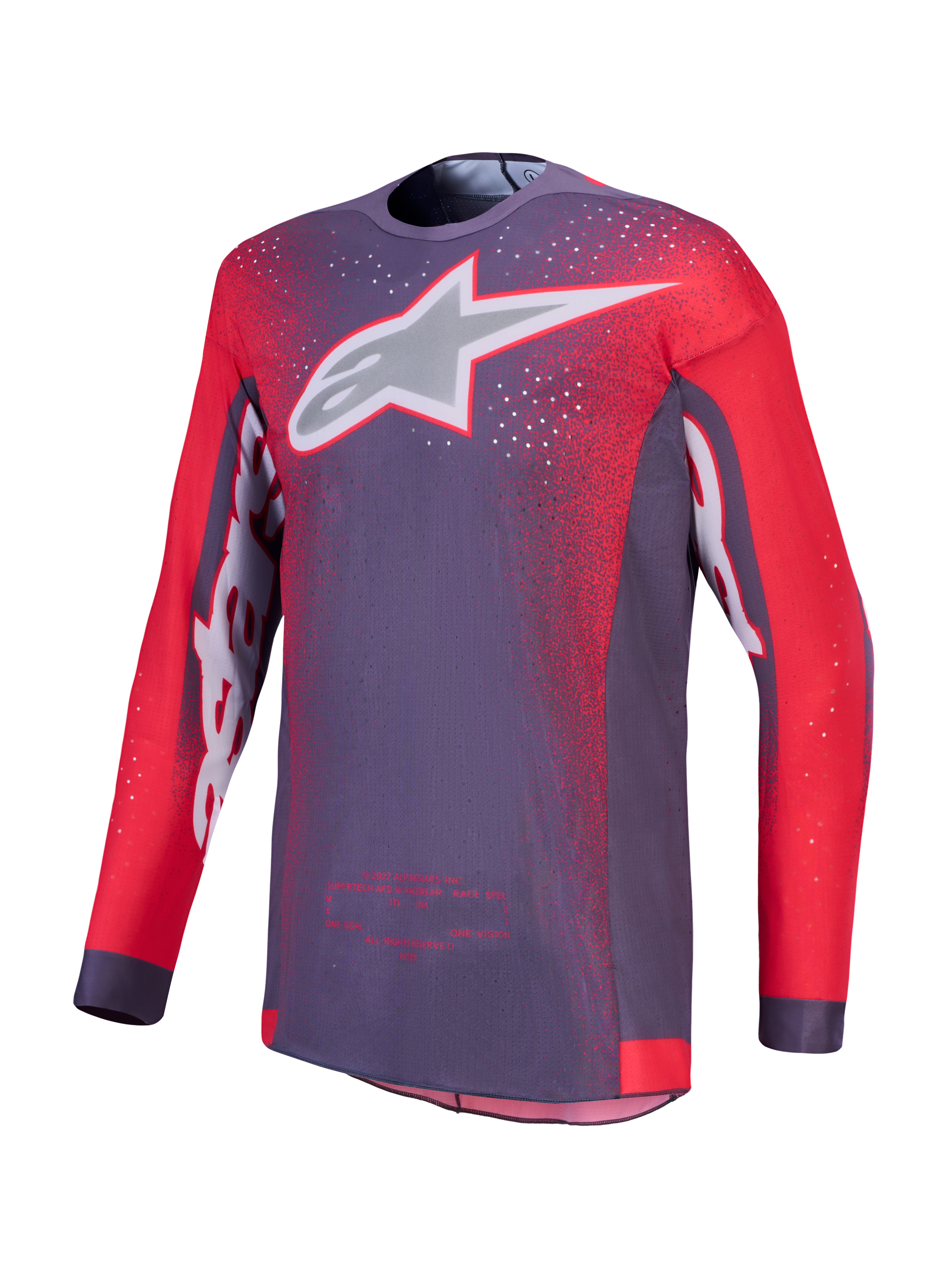 Alpinestars Maglia Supertech Hiten AFD, maglia da gara motocross da uomo, grigia e rossa fluorescente, in mesh elasticizzato ventilato con struttura spalla AFD e logo Alpinestars sul petto.