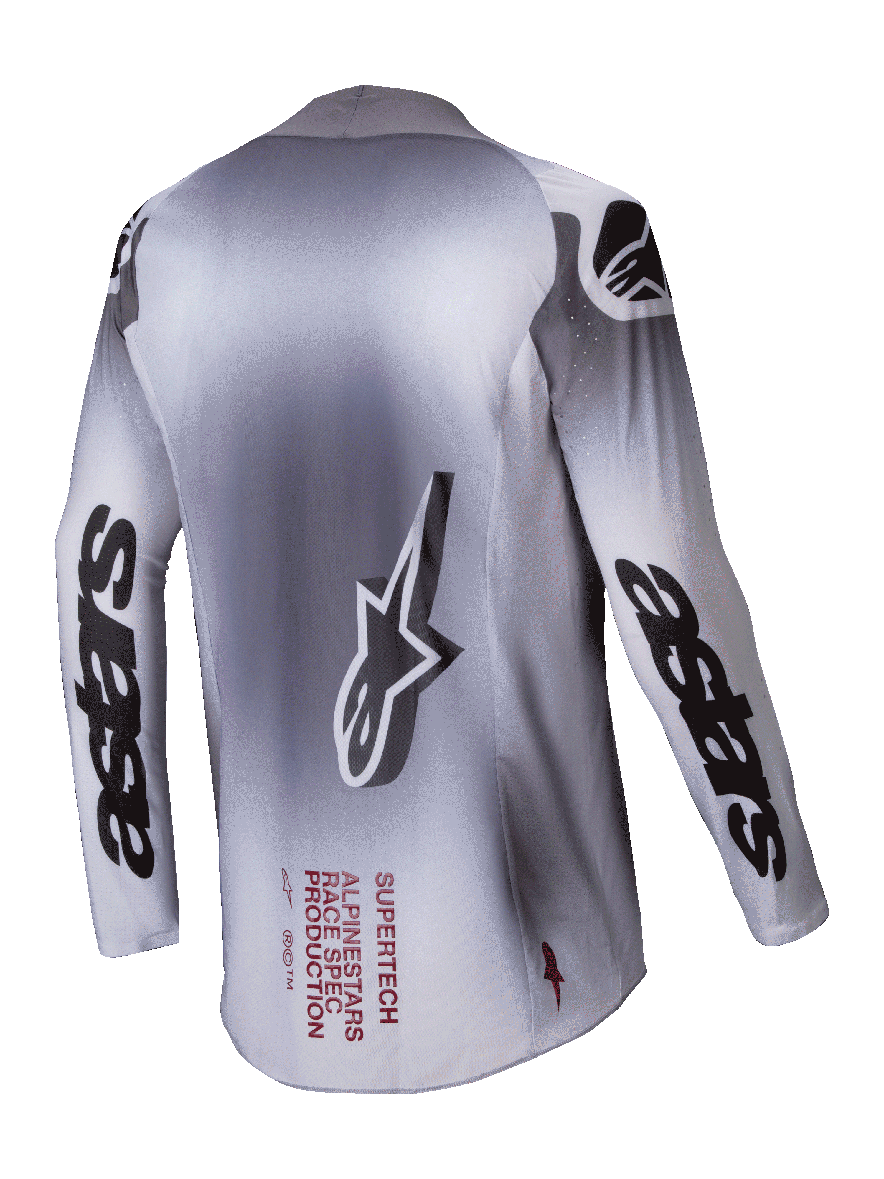 Alpinestars Maglia Supertech Maker 2025, maglia motocross da uomo, argento e nero, vista posteriore con struttura in mesh elasticizzato e marchio