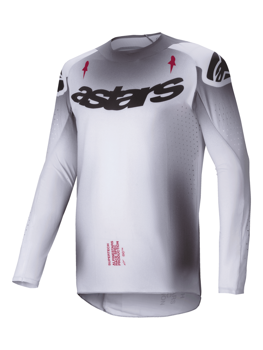Maglia Alpinestars Supertech Maker 2025, maglia motocross, argento e nero, struttura in mesh elasticizzato ultraleggero con vestibilità race atletica