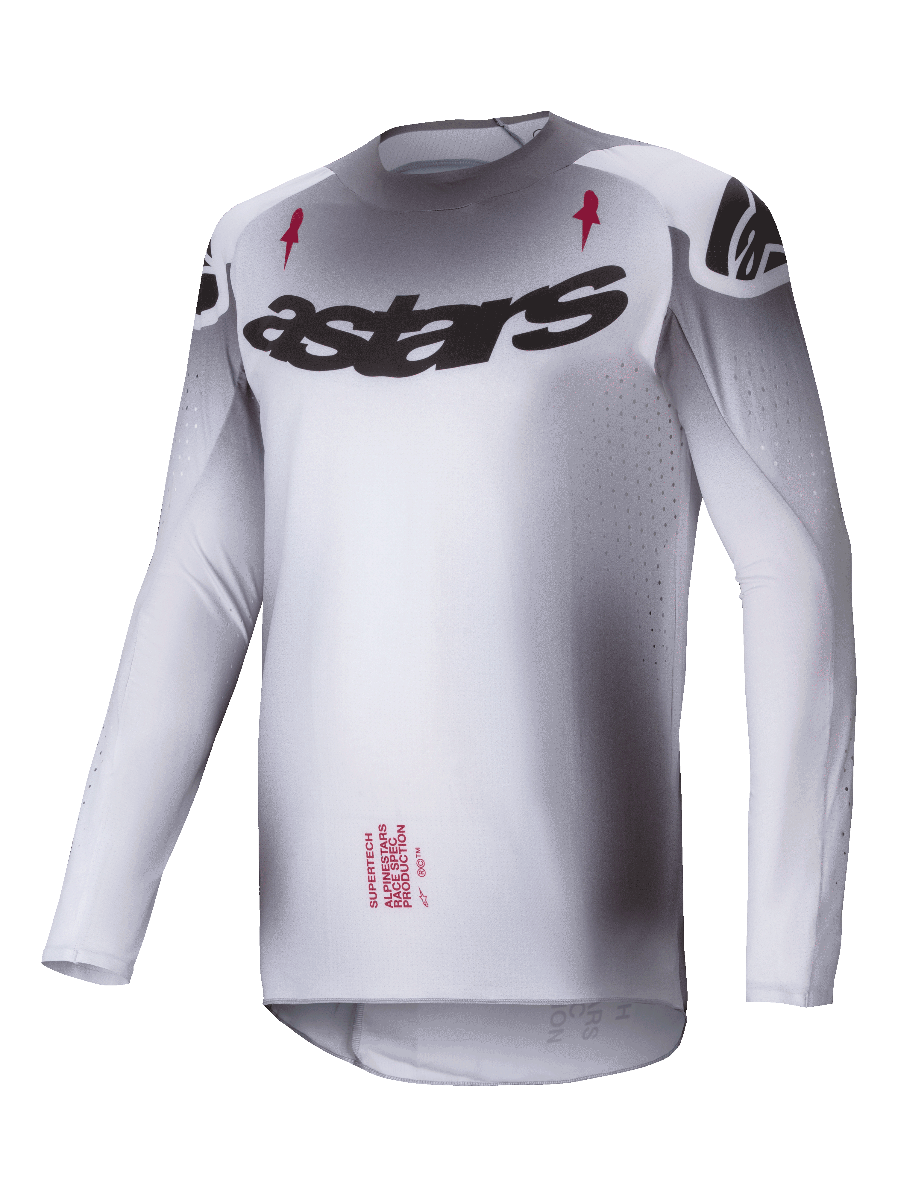 Maglia Alpinestars Supertech Maker 2025, maglia motocross, argento e nero, struttura in mesh elasticizzato ultraleggero con vestibilità race atletica