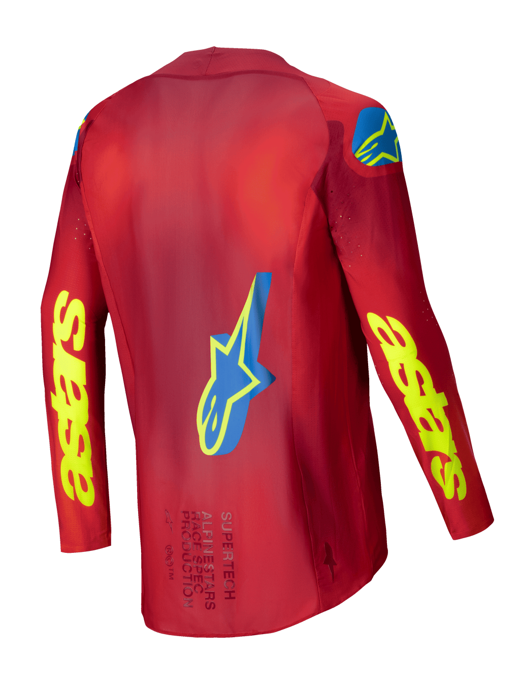 Maglia Alpinestars Supertech Maker 2025, maglia da motocross da uomo, rosso brillante e giallo fluo, vista posteriore con costruzione in rete elasticizzata e dettagli grafici