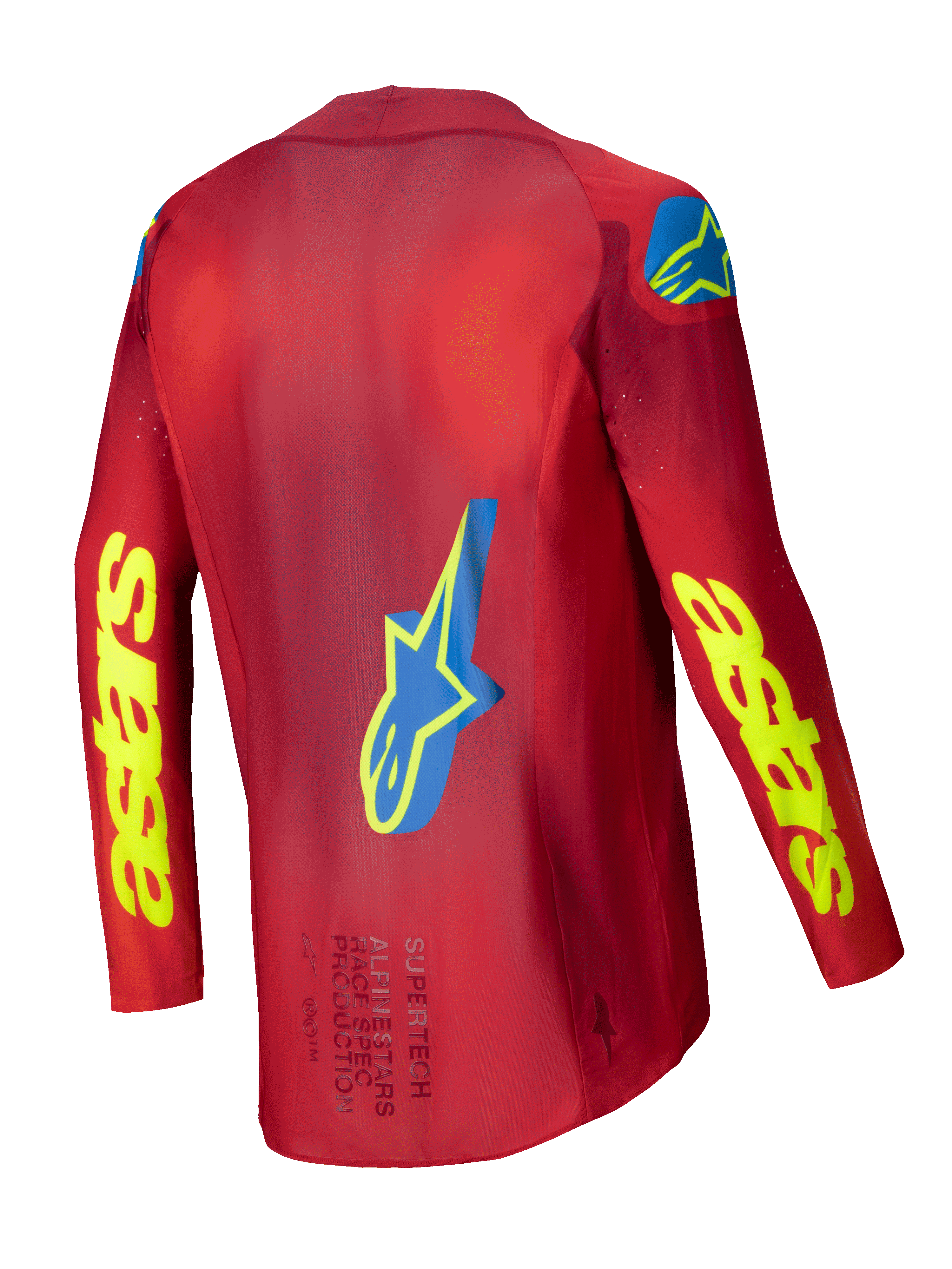 Maglia Alpinestars Supertech Maker 2025, maglia da motocross da uomo, rosso brillante e giallo fluo, vista posteriore con costruzione in rete elasticizzata e dettagli grafici