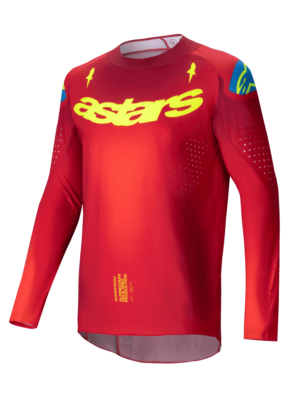 Maglia Alpinestars Supertech Maker 2025, maglia motocross da uomo rossa e giallo fluo, leggera e ventilata con perforazioni laser