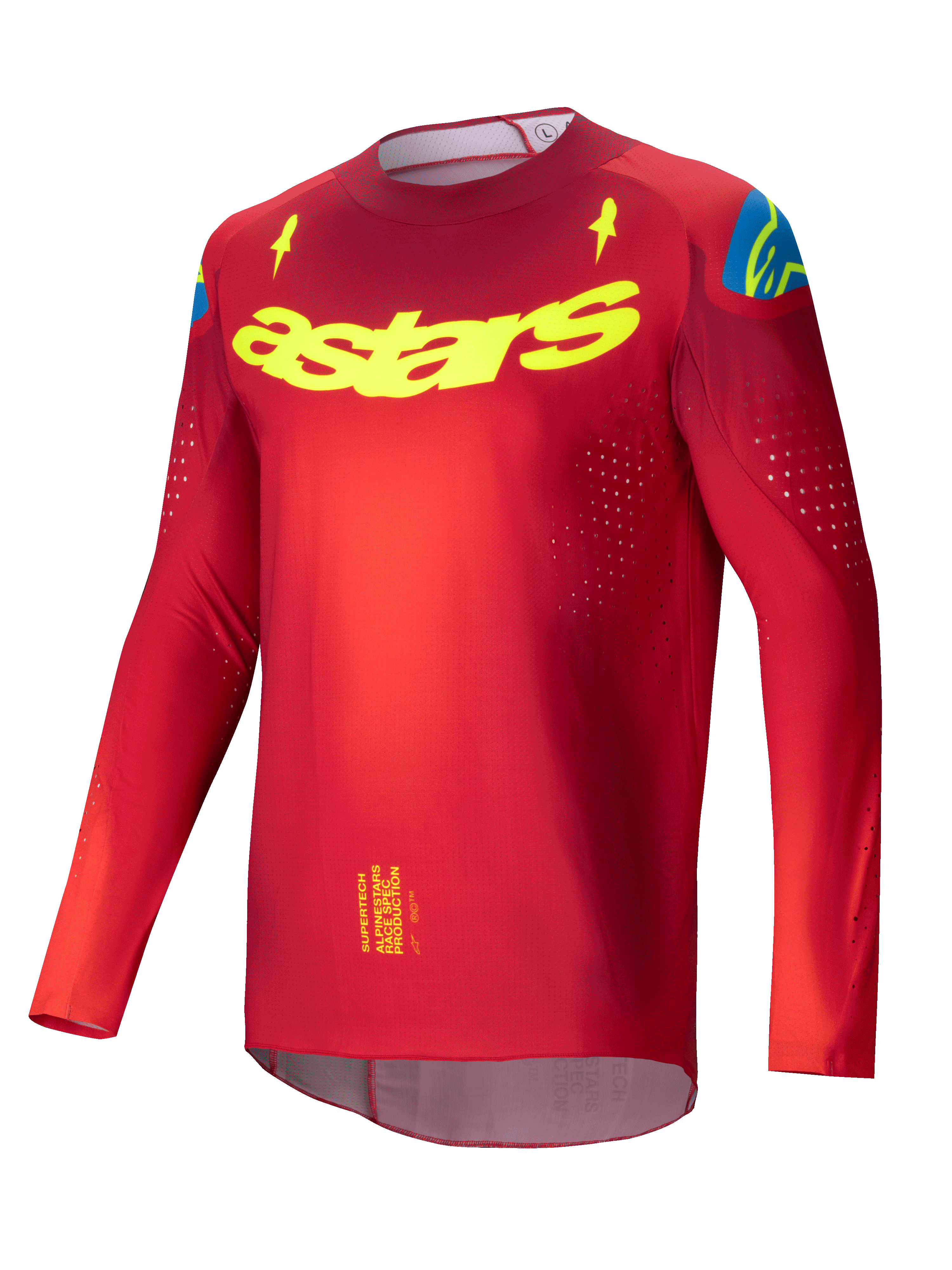 Maglia Alpinestars Supertech Maker 2025, maglia motocross da uomo rossa e giallo fluo, leggera e ventilata con perforazioni laser