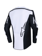 Alpinestars 2026 Racer Air Riway Jersey, maglia da motocross, nero e bianco, vista posteriore con grande logo a stella sul pannello bianco, maniche nere con marchio 'astars', tessuto mesh traforato per la ventilazione, abbigliamento tecnico per il fuoristrada