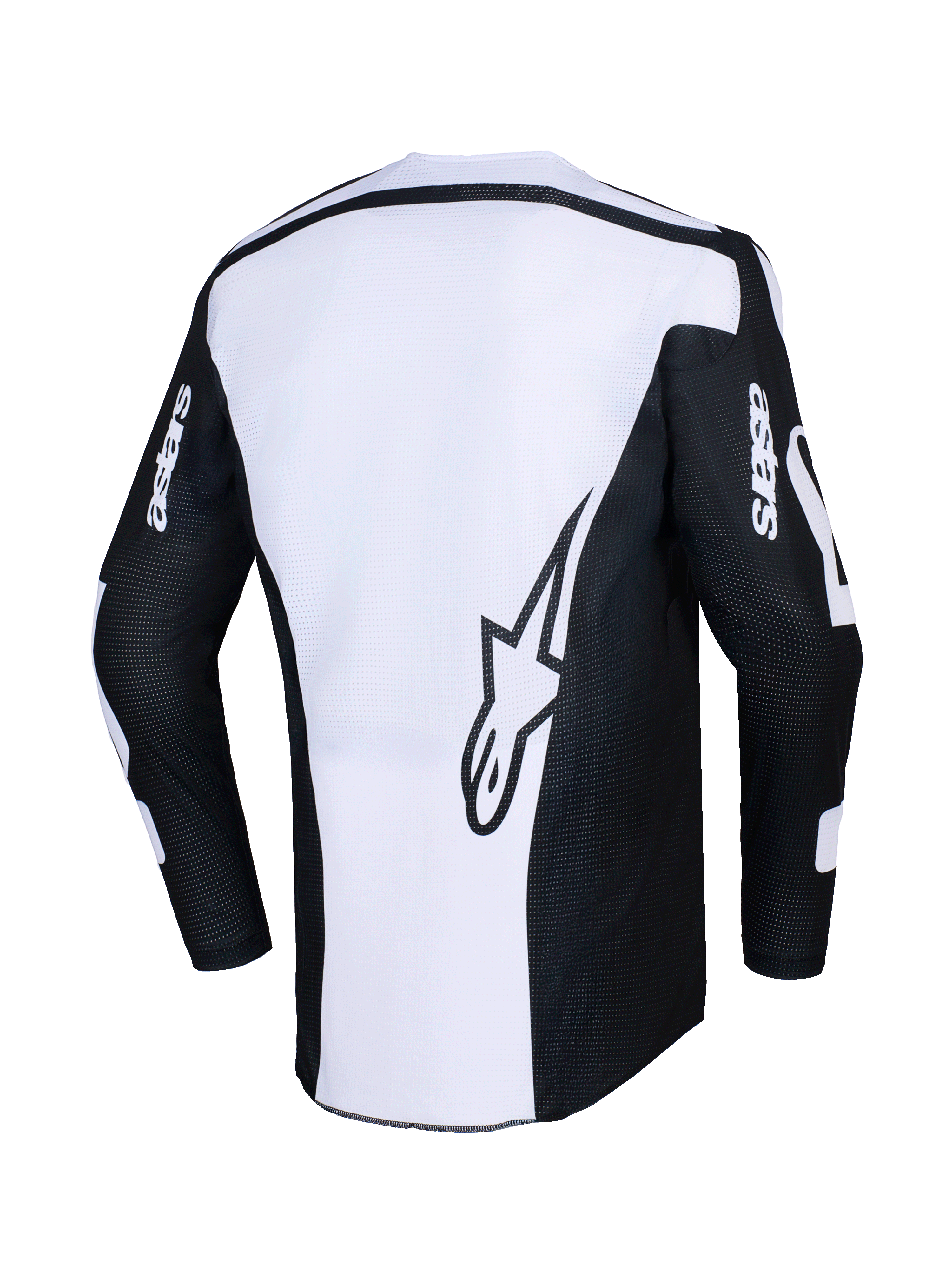 Alpinestars 2026 Racer Air Riway Jersey, maglia da motocross, nero e bianco, vista posteriore con grande logo a stella sul pannello bianco, maniche nere con marchio 'astars', tessuto mesh traforato per la ventilazione, abbigliamento tecnico per il fuoristrada