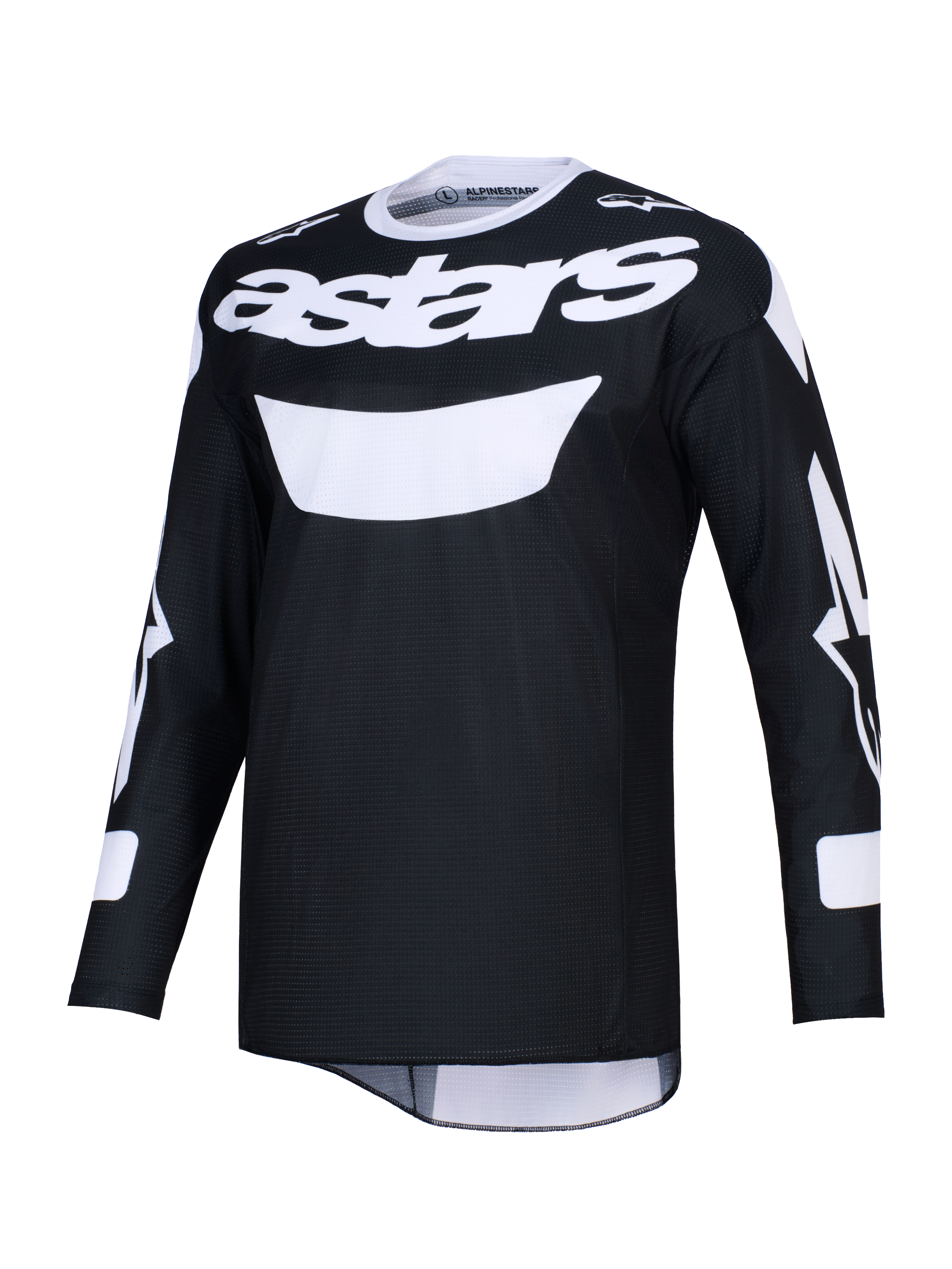 Alpinestars 2026 Racer Air Riway Jersey, maglia da motocross, nera e bianca, con vistoso logo astars bianco sul petto, tessuto mesh leggero per un'elevata ventilazione, maniche lunghe e vestibilità atletica per prestazioni off-road
